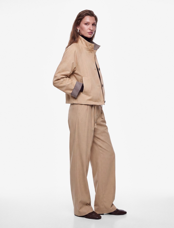  Uzun Kollu Düğmeli Ekose Astarlı Oversize Gabardin Dik Yaka Kısa Trençkot