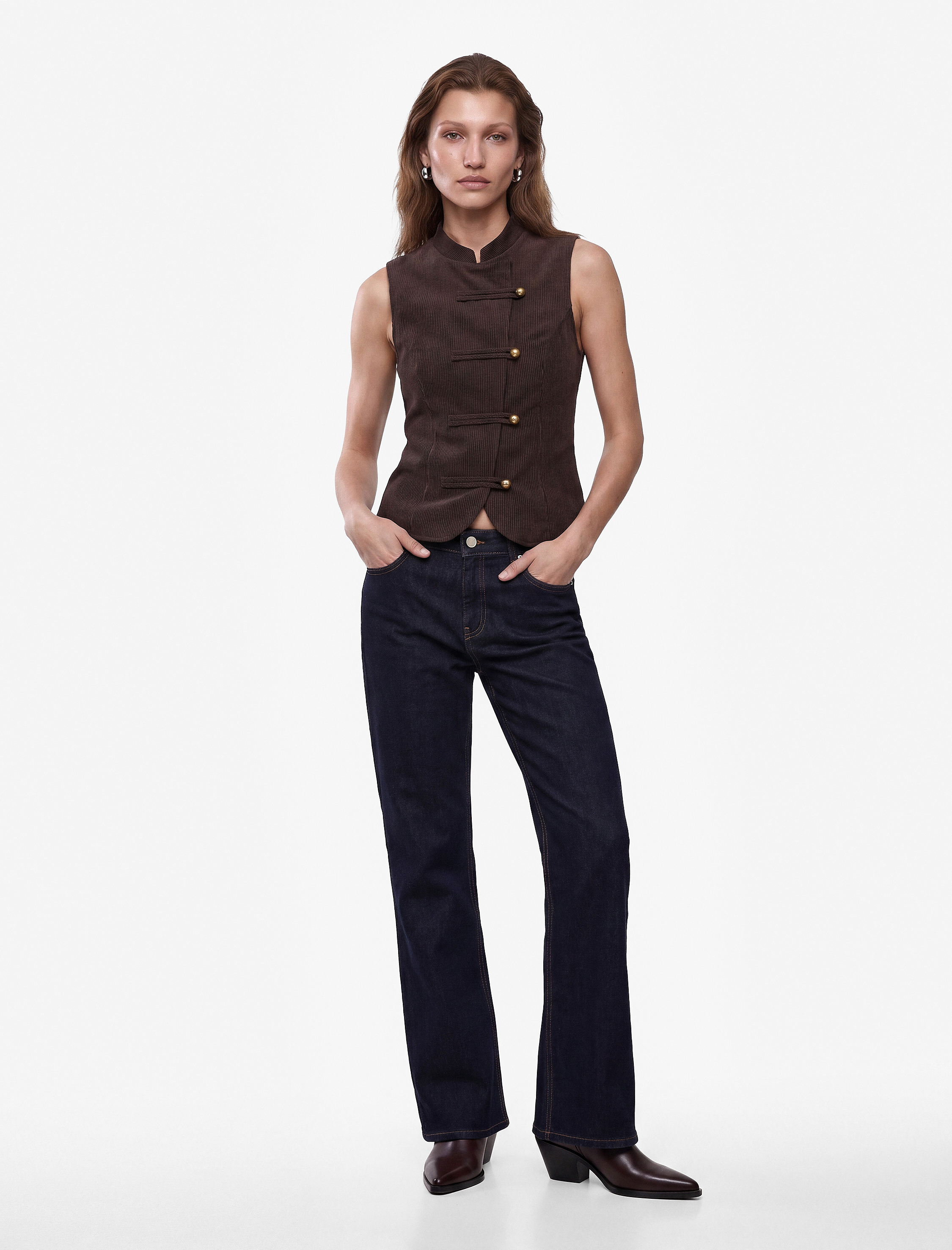   Slim Fit Mandarin Yaka Süslü Düğmeli Yelek Kurbağa Kapama