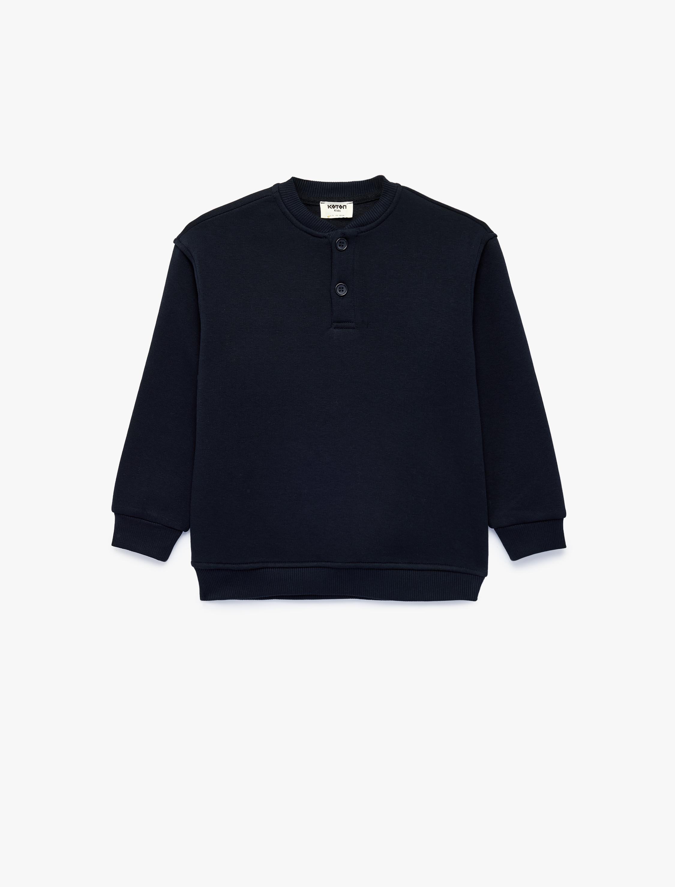  Erkek Çocuk Uzun Kollu Üç İplik Şardonlu Düğmeli Henley Yaka Sweatshirt