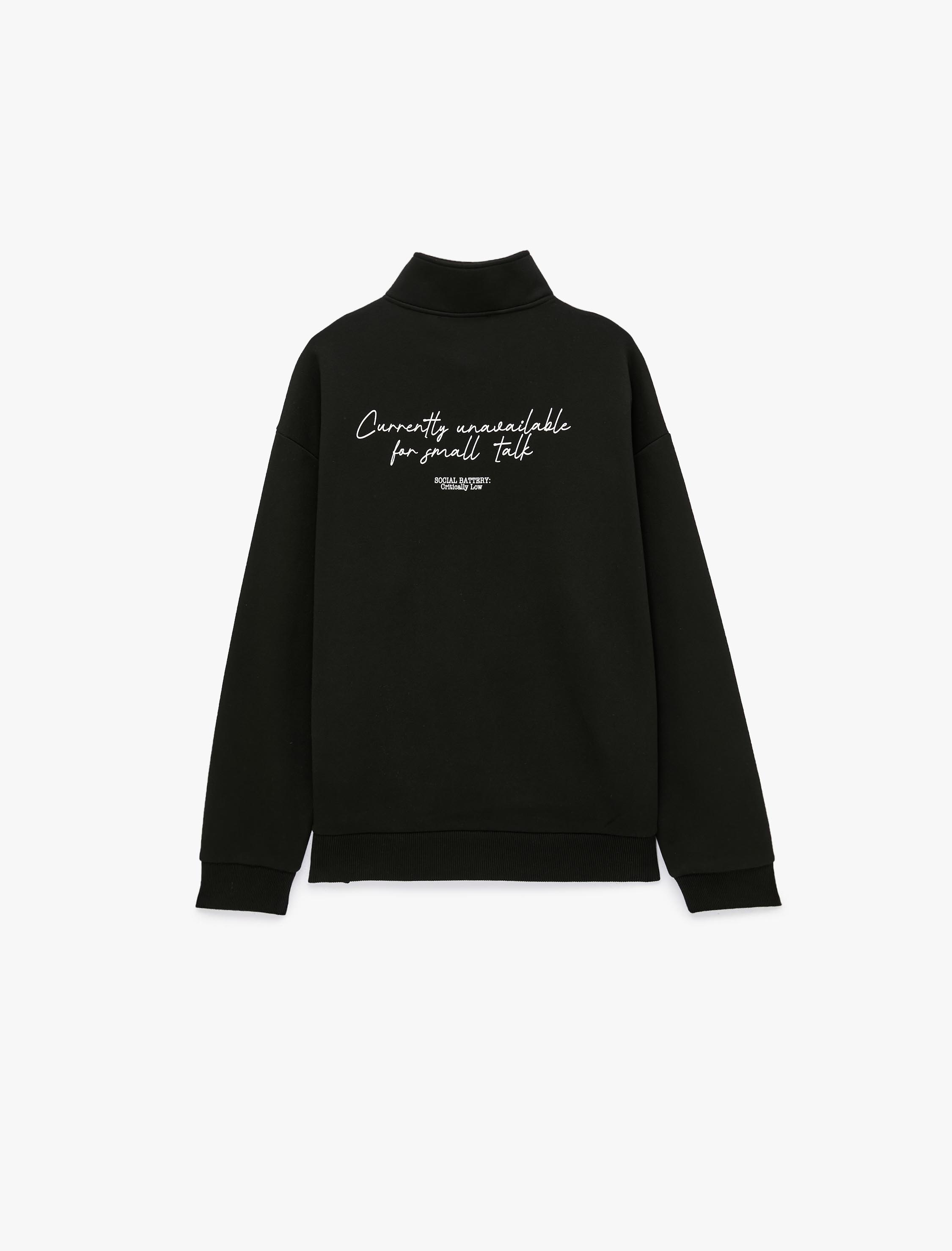  Uzun Kollu Üç İplik Şardonlu Rahat Kalıp Baskılı Yarım Fermuarlı Yaka Sweatshirt