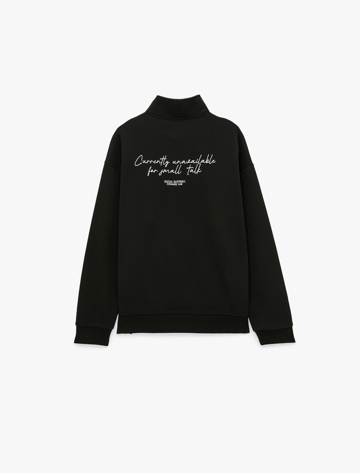  Uzun Kollu Üç İplik Şardonlu Rahat Kalıp Baskılı Yarım Fermuarlı Yaka Sweatshirt