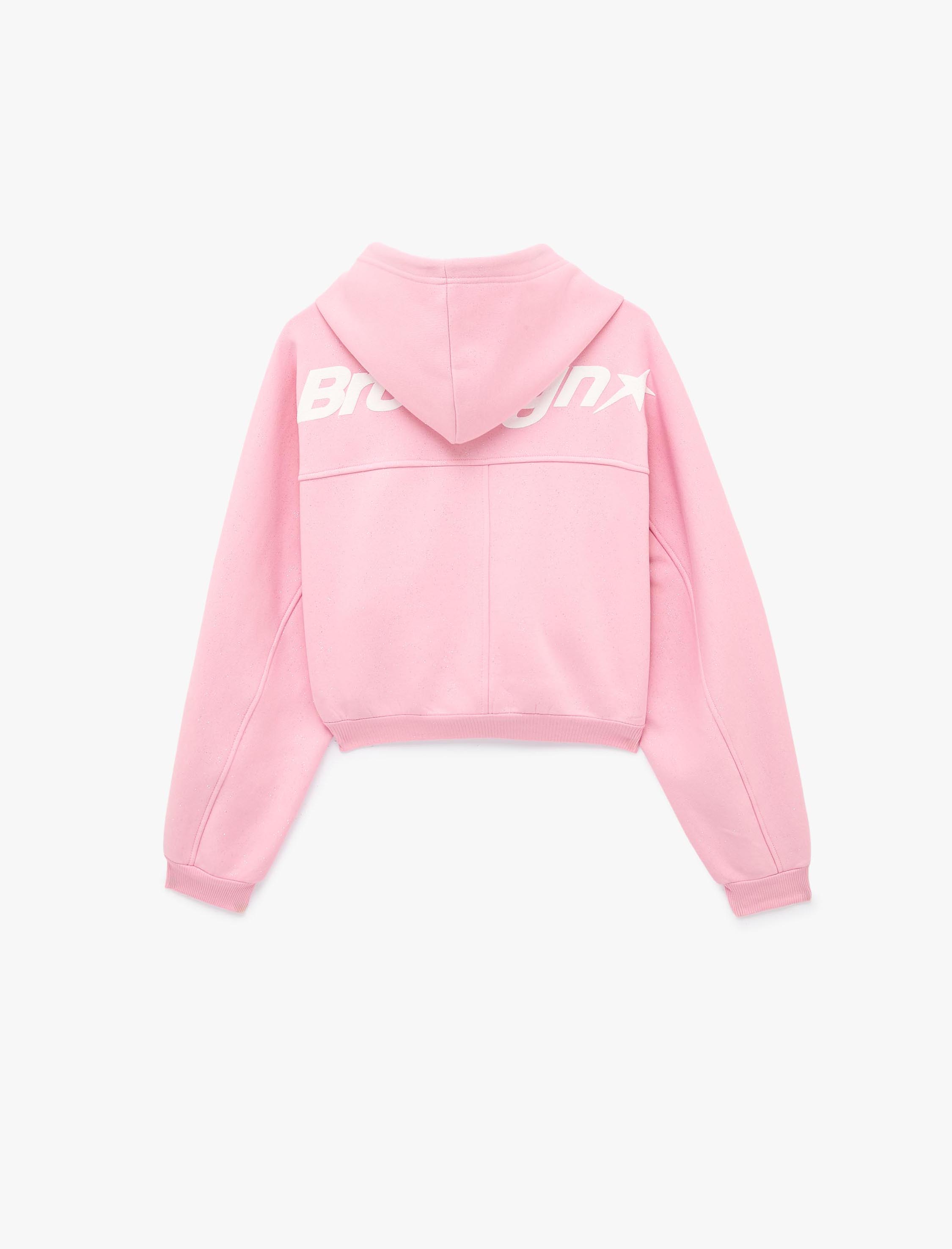   Şardonlu Kanguru Cepli Arkası Baskılı Cepli Simli Kapüşonlu Fermuarlı Crop Sweatshirt