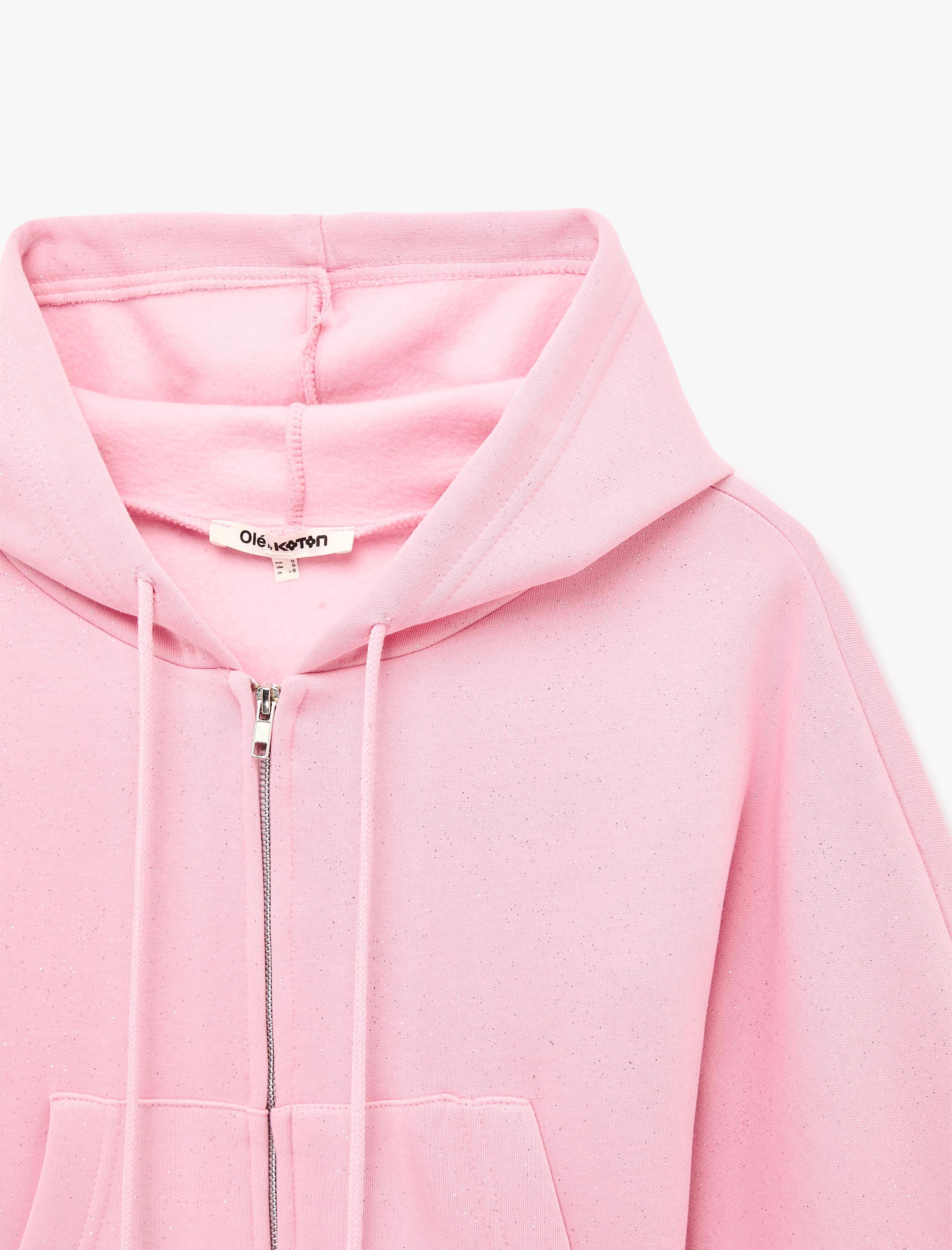   Şardonlu Kanguru Cepli Arkası Baskılı Cepli Simli Kapüşonlu Fermuarlı Crop Sweatshirt