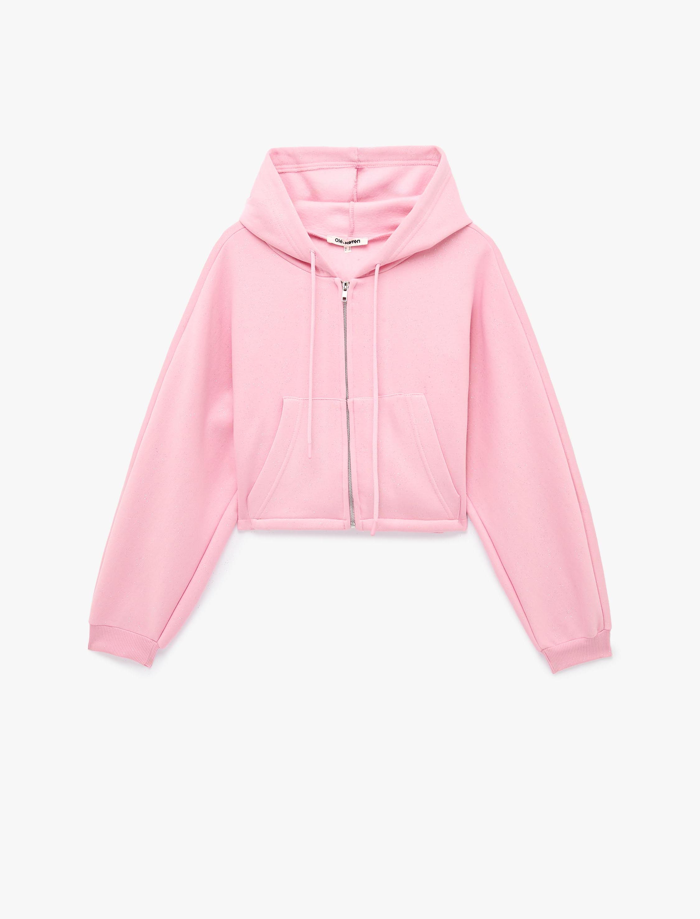   Şardonlu Kanguru Cepli Arkası Baskılı Cepli Simli Kapüşonlu Fermuarlı Crop Sweatshirt