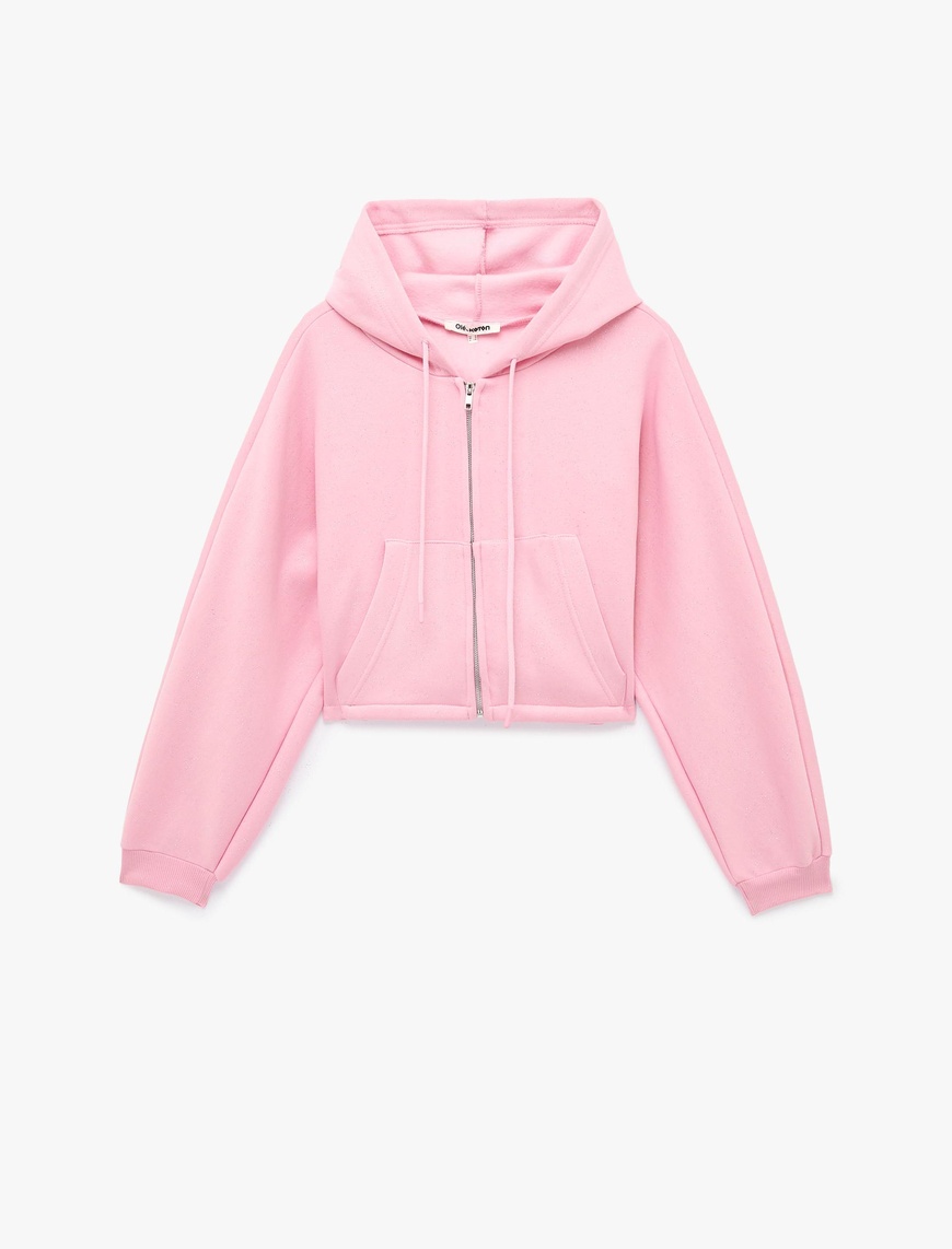 Pembe Kapüşonlu Crop Sweatshirt Fermuarlı Arkası Baskılı Cepli