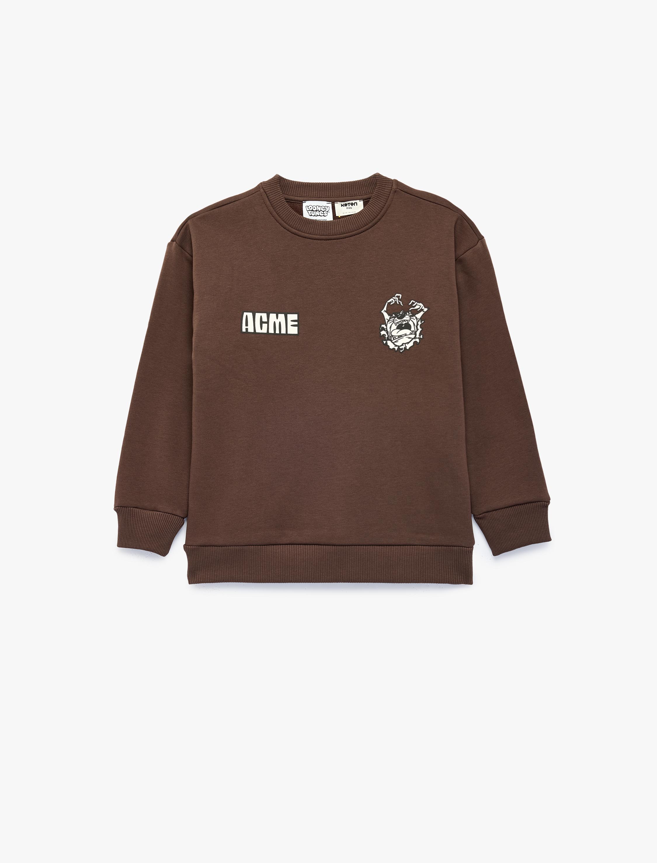  Erkek Çocuk Uzun Kollu Bisiklet Yaka Şardonlu Lisanslı Arkası Tazmanya Canavarı Baskılı Sweatshirt