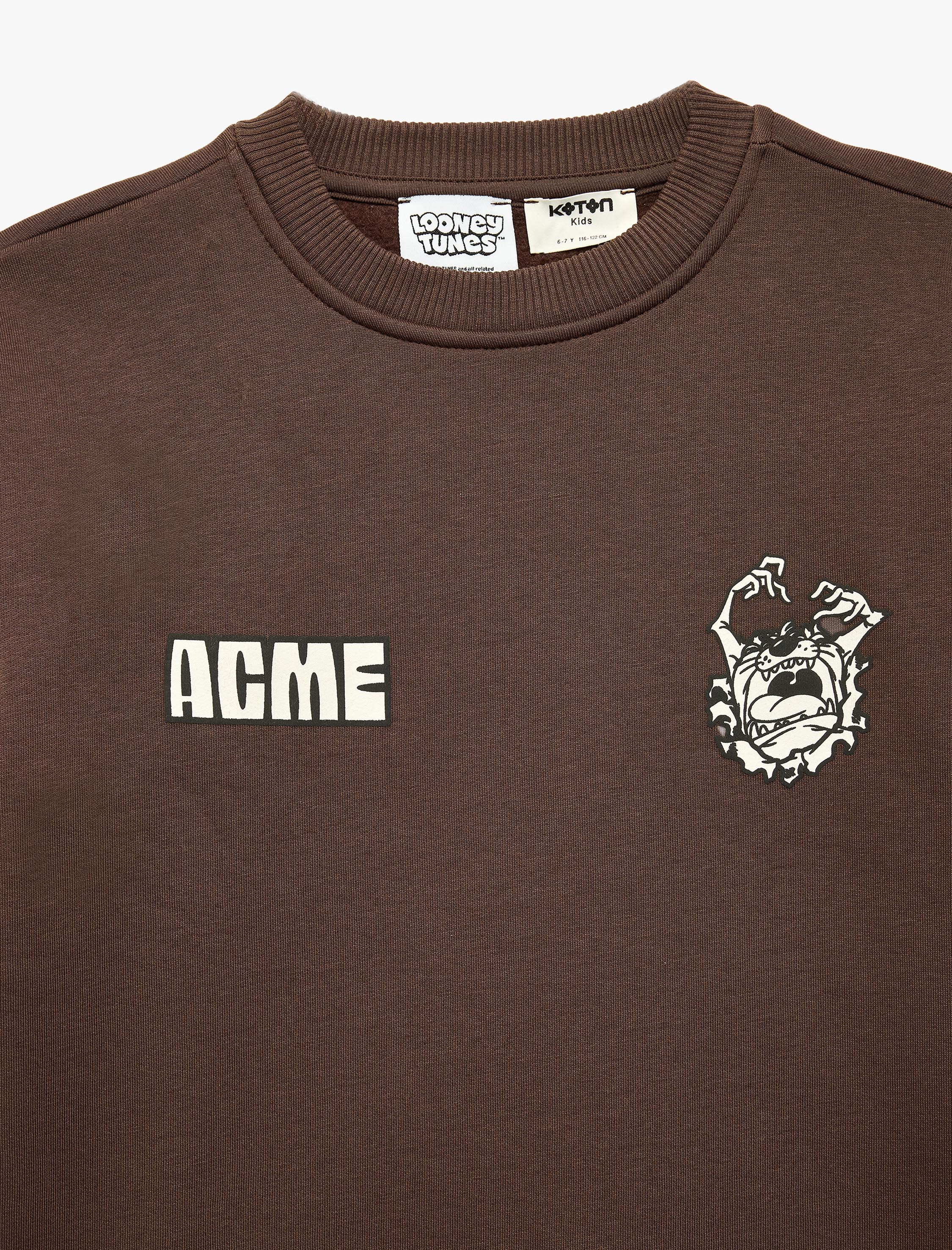  Erkek Çocuk Uzun Kollu Bisiklet Yaka Şardonlu Lisanslı Arkası Tazmanya Canavarı Baskılı Sweatshirt