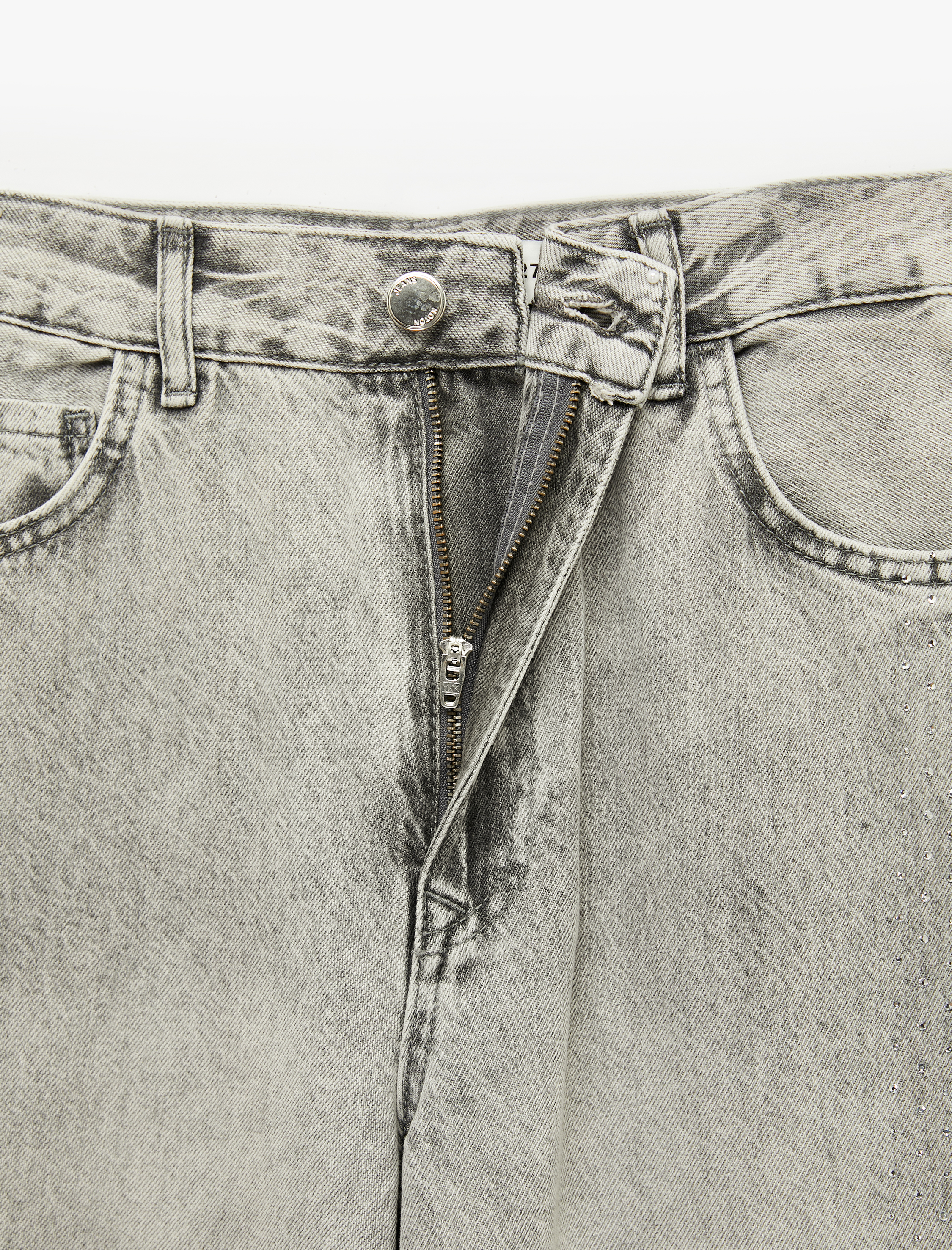   Yıkamalı Bol Kesim Cepli Taşlı Geniş Paça Denim Pantolon - Loose Straight Fit Jean