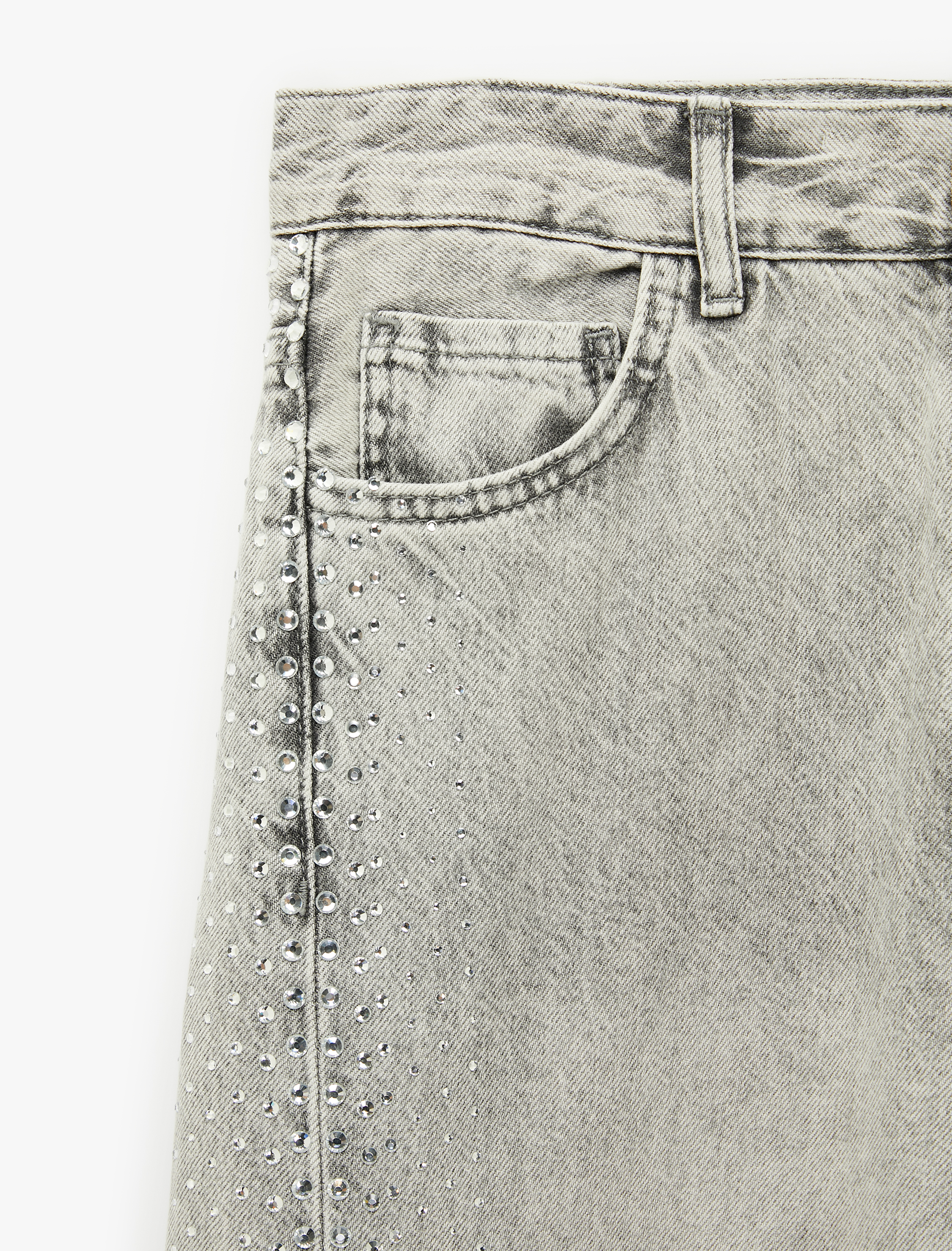   Yıkamalı Bol Kesim Cepli Taşlı Geniş Paça Denim Pantolon - Loose Straight Fit Jean