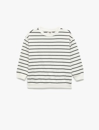 Pamuklu Şardonlu Uzun Kollu Bisiklet Yaka Çizgili Sweatshirt