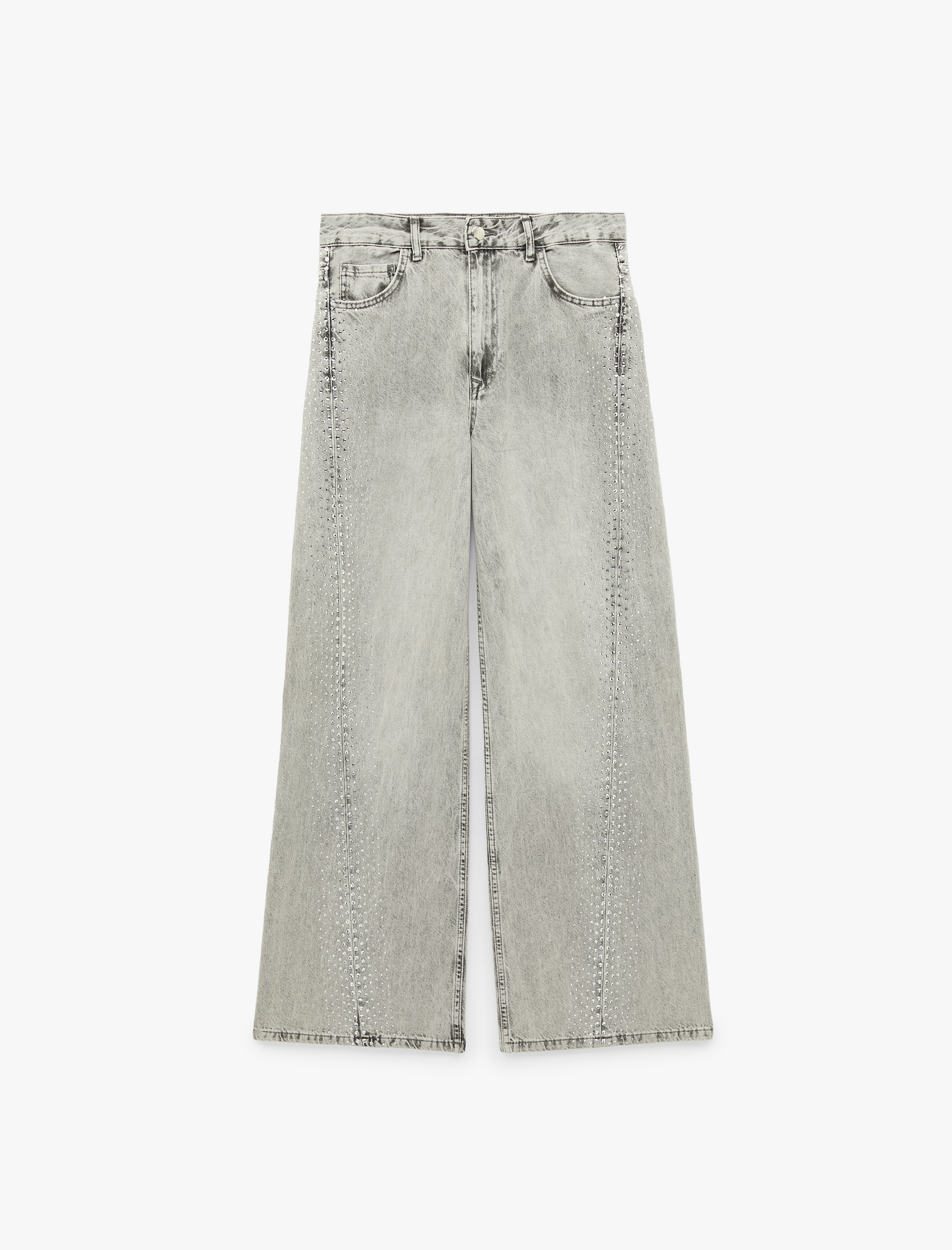   Yıkamalı Bol Kesim Cepli Taşlı Geniş Paça Denim Pantolon - Loose Straight Fit Jean