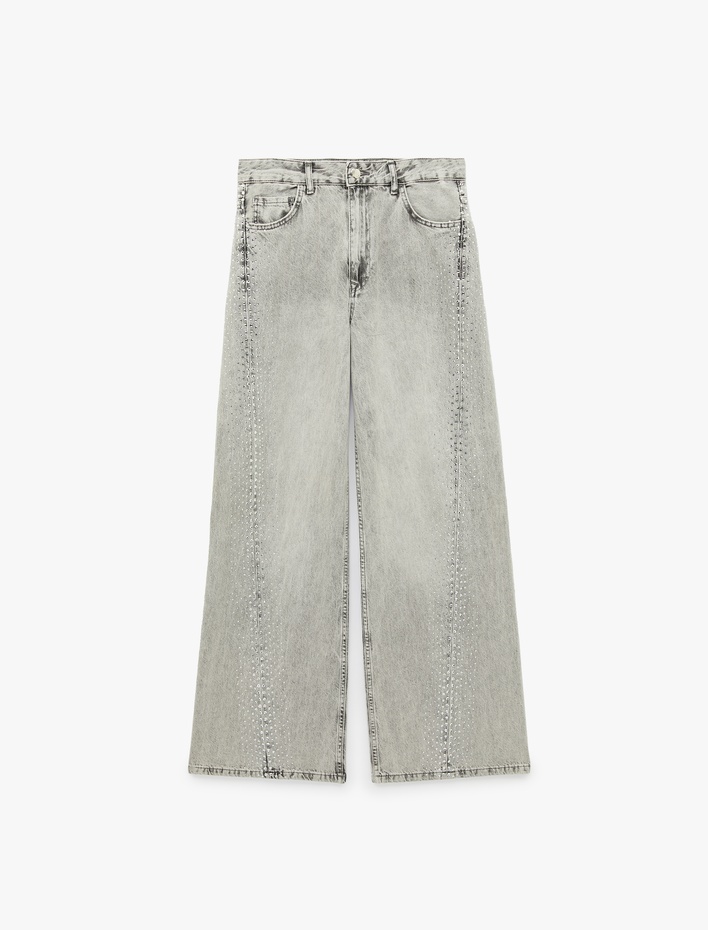  Yıkamalı Bol Kesim Cepli Taşlı Geniş Paça Denim Pantolon - Loose Straight Fit Jean