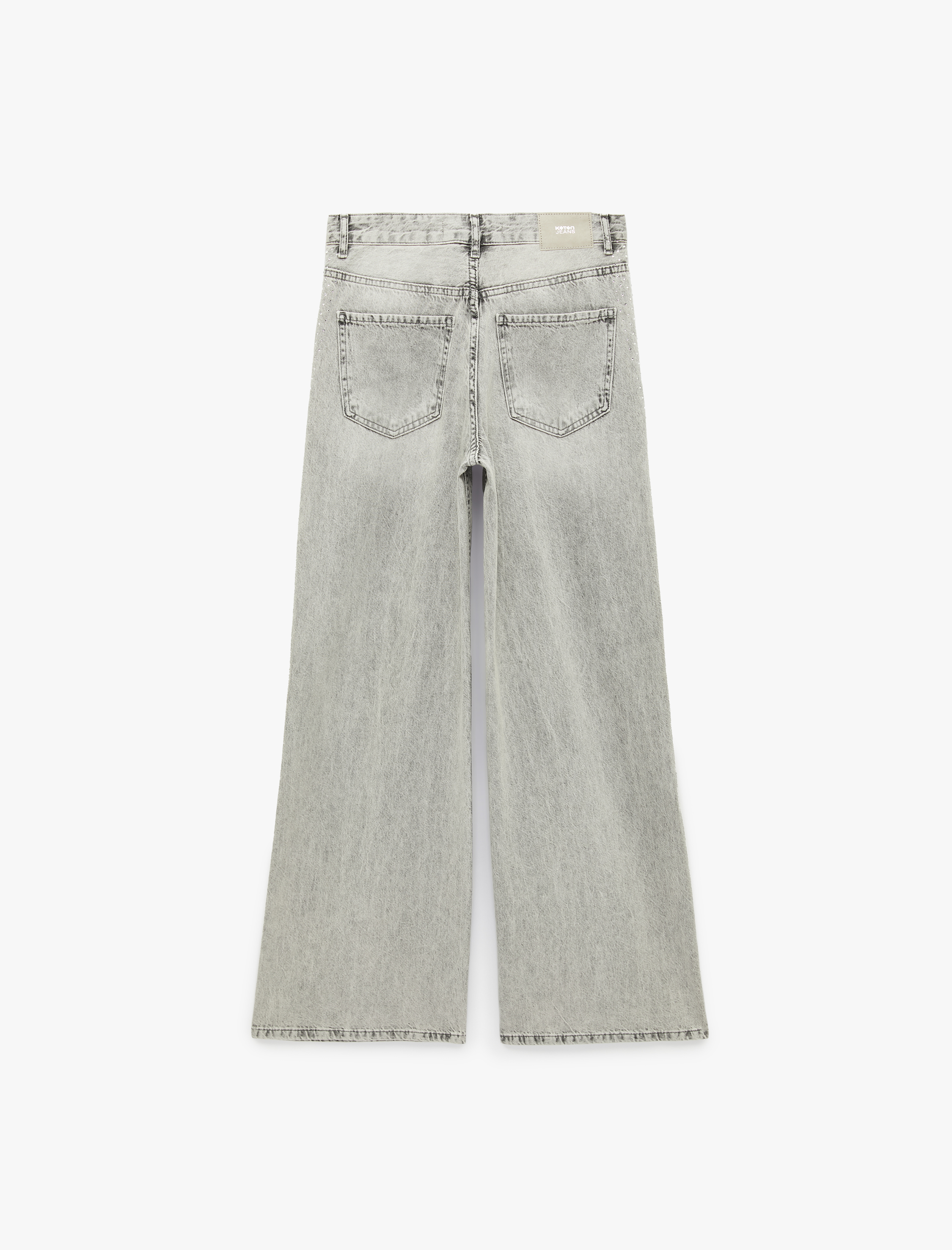   Yıkamalı Bol Kesim Cepli Taşlı Geniş Paça Denim Pantolon - Loose Straight Fit Jean