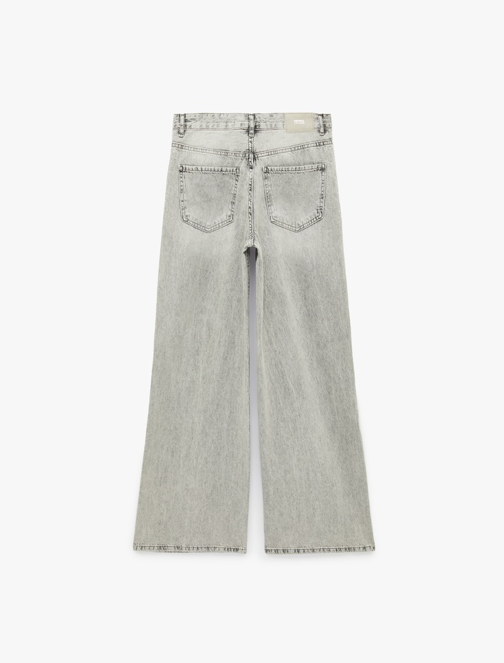  Yıkamalı Bol Kesim Cepli Taşlı Geniş Paça Denim Pantolon - Loose Straight Fit Jean
