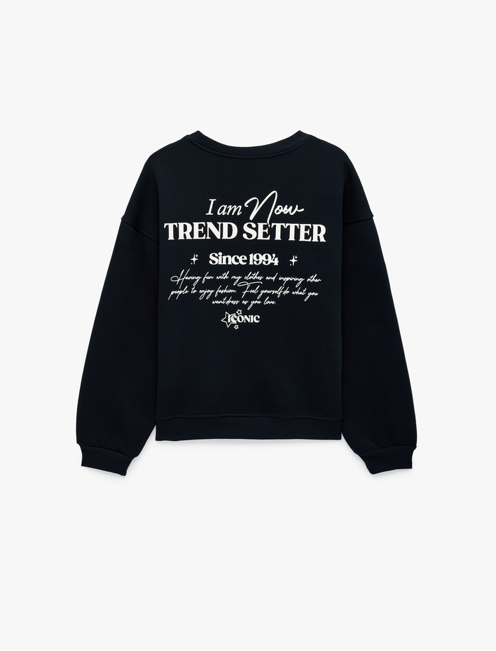 Rahat Kalıp Üç İplik Şardonlu Bisiklet Yaka Uzun Kollu Arkası Baskılı Sweatshirt