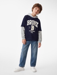 Kapşonlu Uzun Çıkma Kollu Şardonlu Oversize Kolej Baskılı Sweatshirt