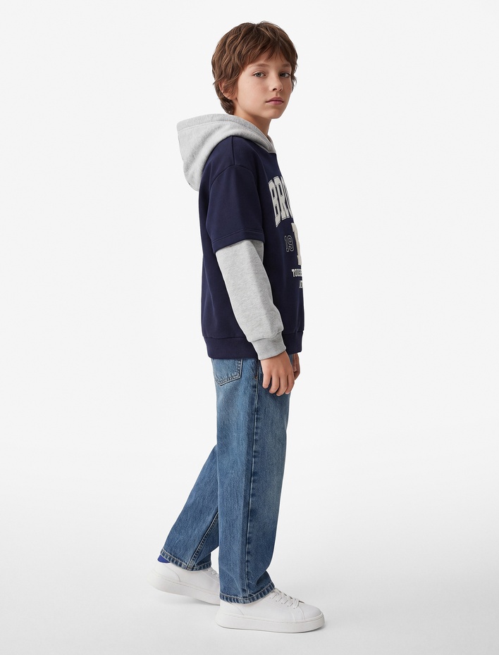 Erkek Çocuk Kapşonlu Uzun Çıkma Kollu Şardonlu Oversize Kolej Baskılı Sweatshirt