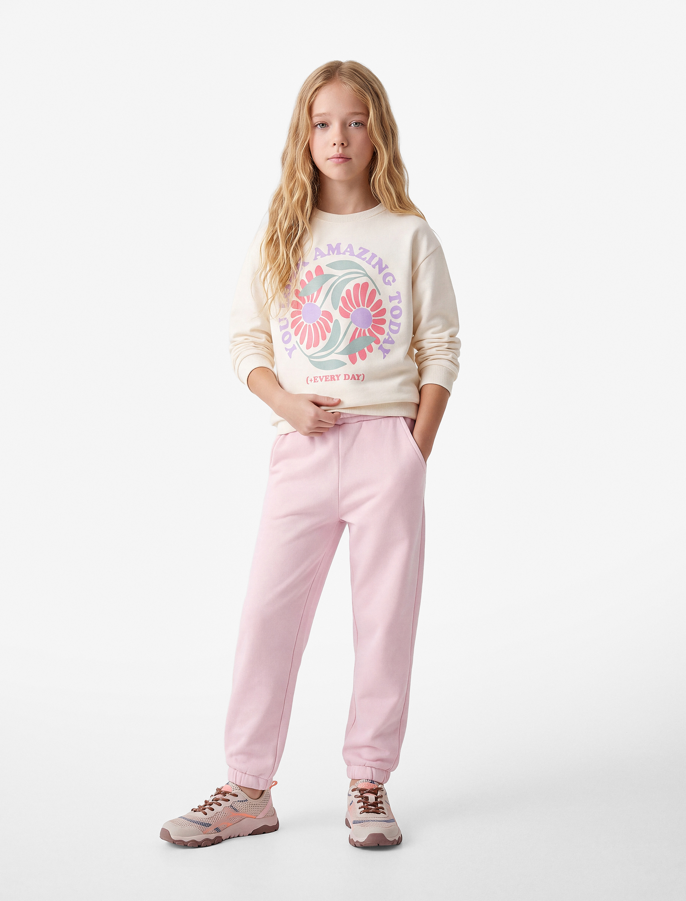  Kız Çocuk Şardonlu Beli Lastikli Baskılı Basic Jogger Eşofman Altı