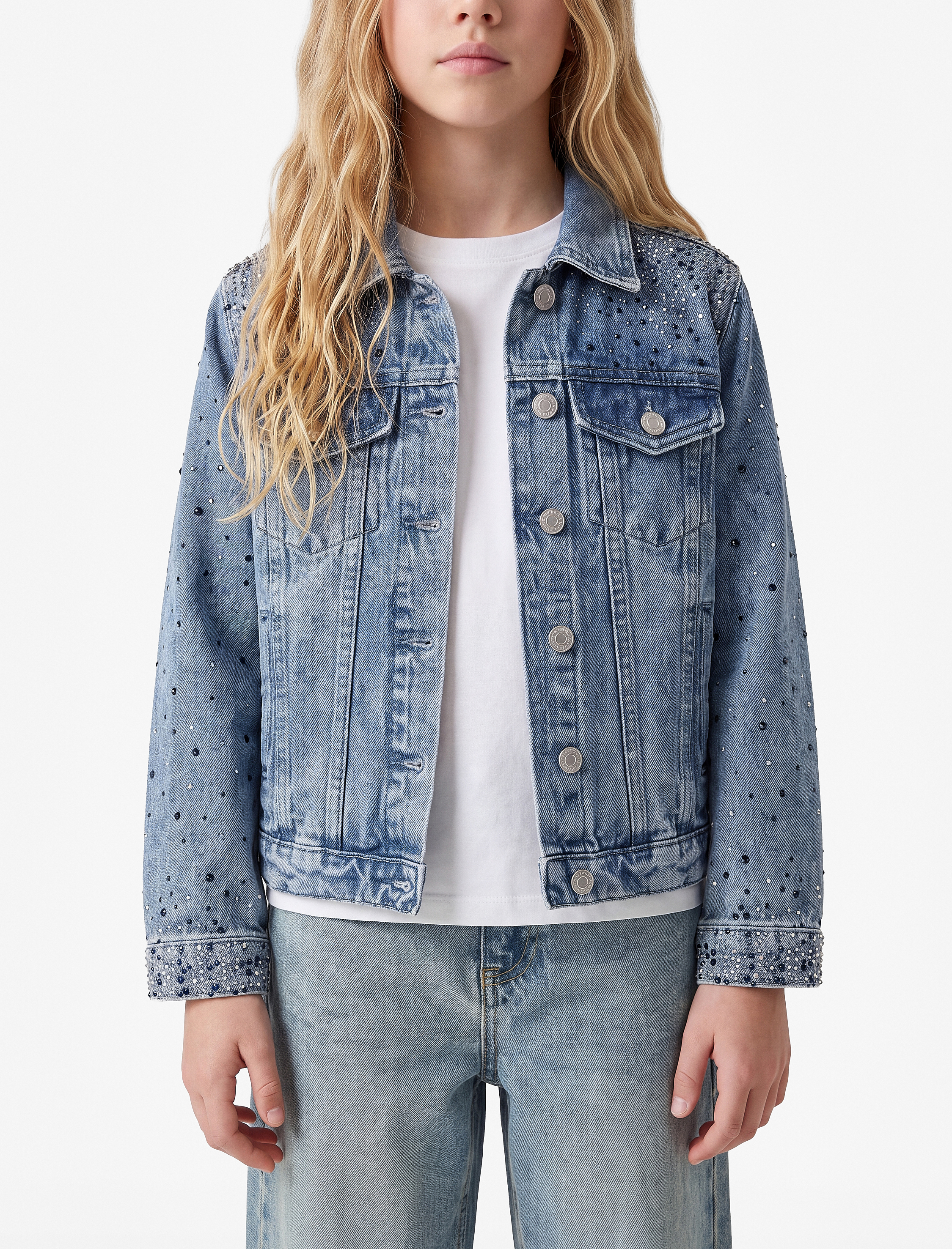  Kız Çocuk Pamuklu Kapaklı Cepli Düğmeli Uzun Kollu Denim Ceket