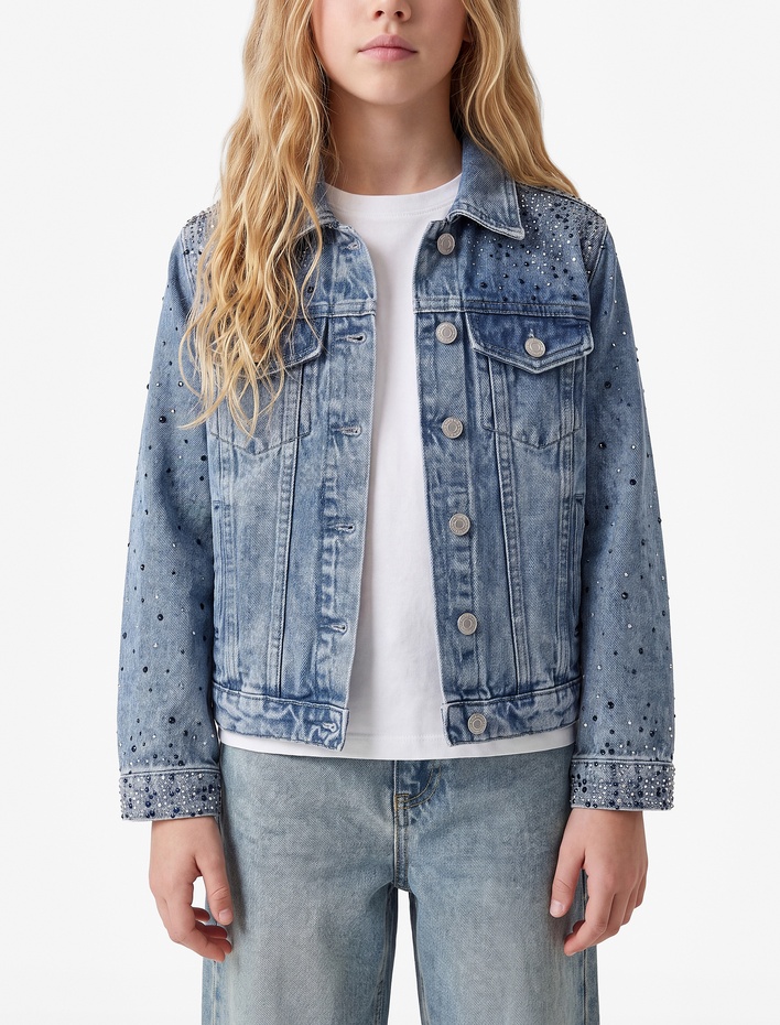 Kız Çocuk Pamuklu Kapaklı Cepli Düğmeli Uzun Kollu Denim Ceket