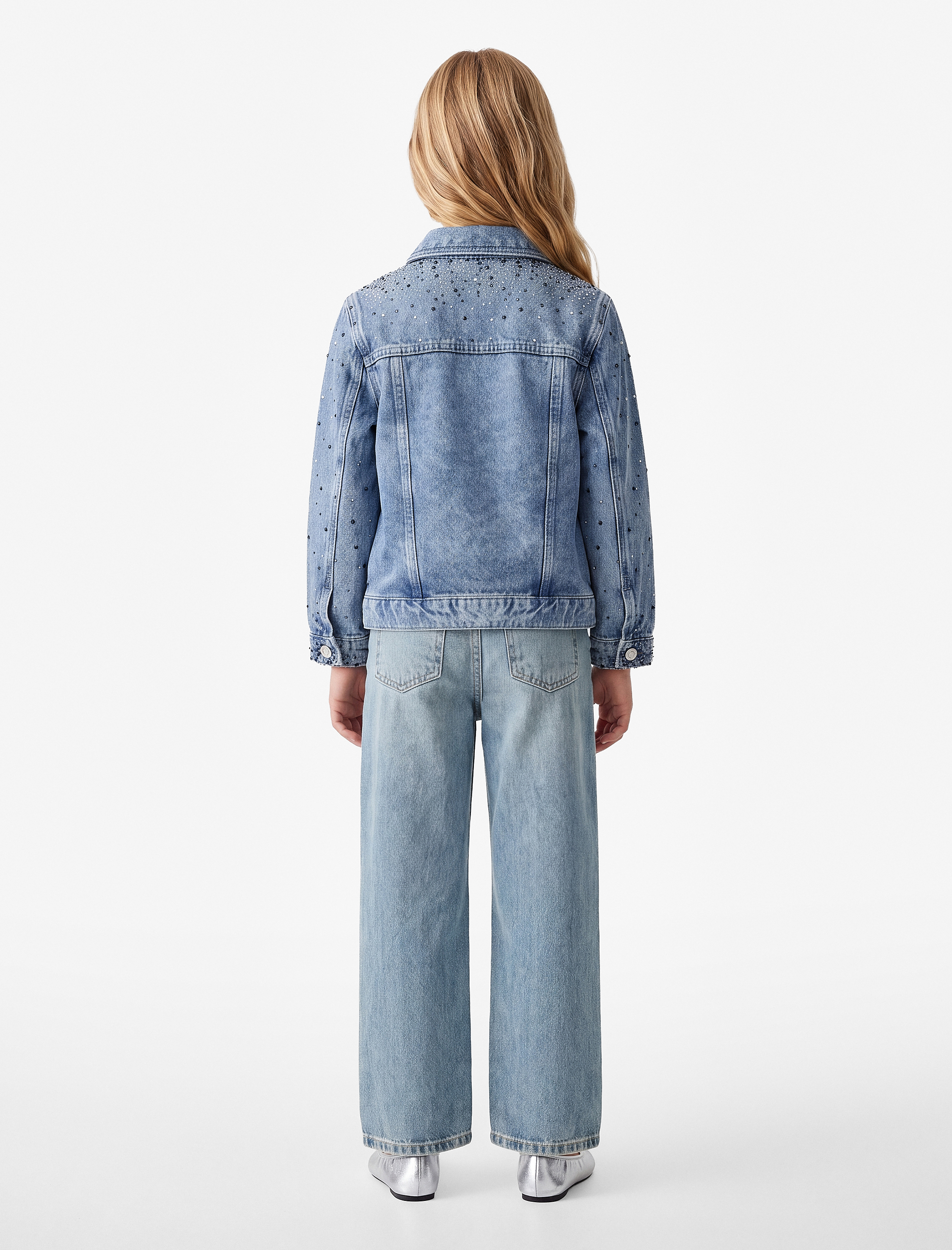  Kız Çocuk Pamuklu Kapaklı Cepli Düğmeli Uzun Kollu Denim Ceket