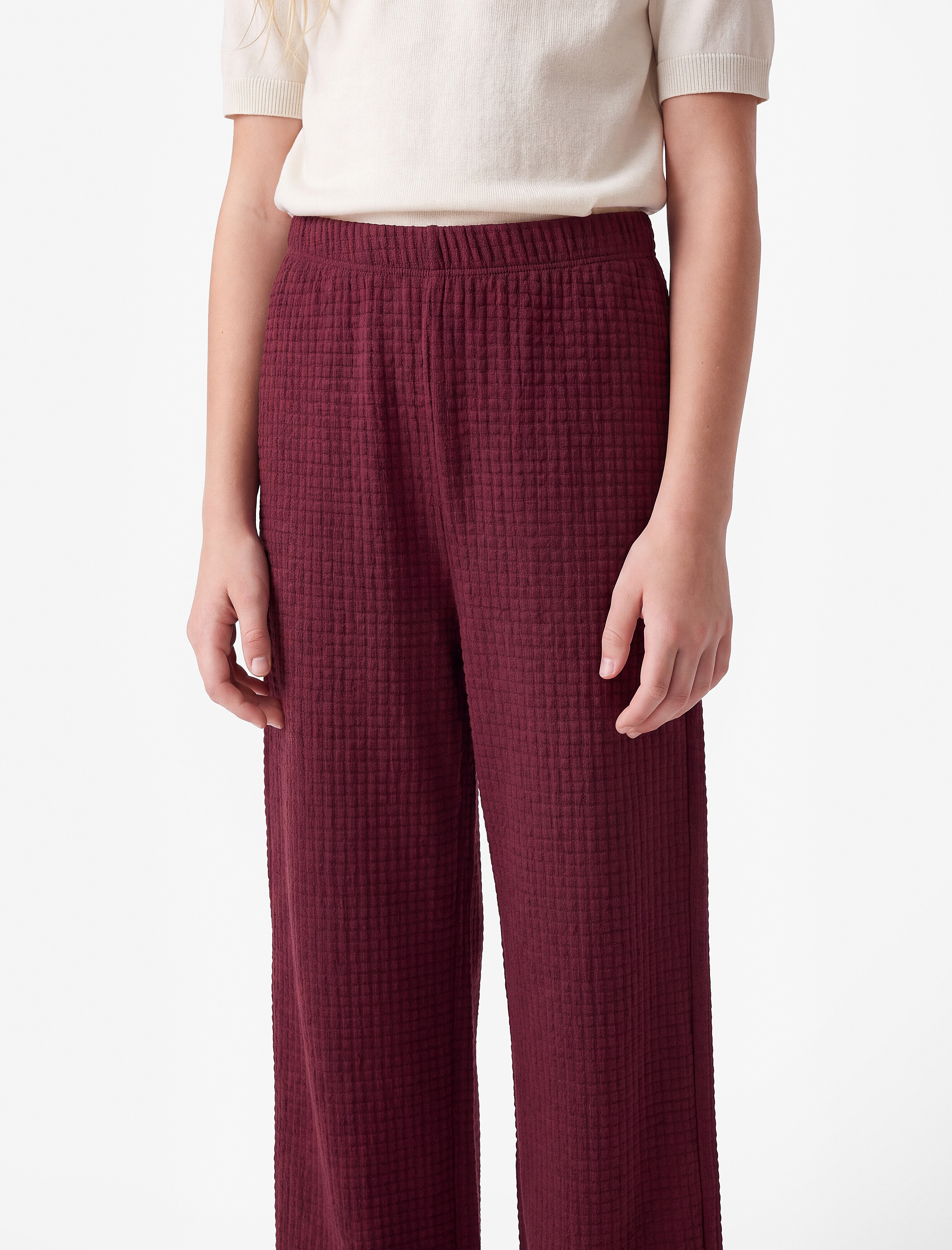  Kız Çocuk Beli Lastikli Dokulu Geniş Paça Pantolon