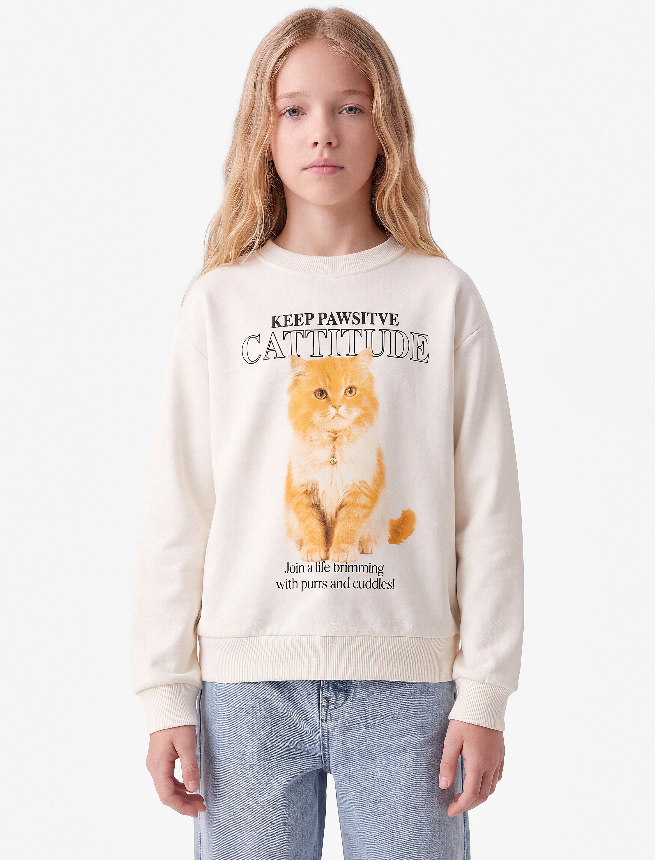  Kız Çocuk Pamuklu Uzun Kollu Bisiklet Yaka Kedi Baskılı Şardonlu Sweatshirt
