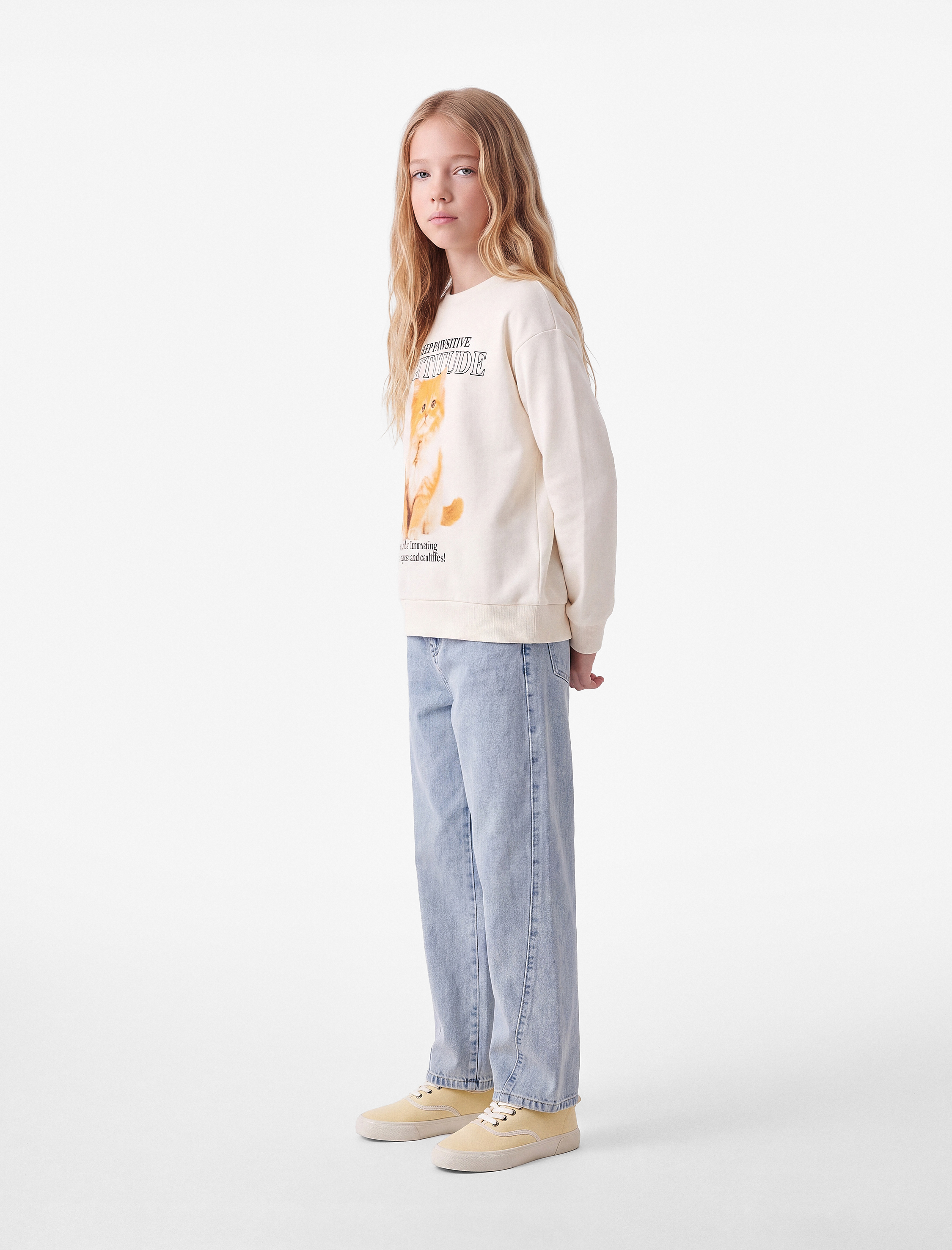  Kız Çocuk Pamuklu Uzun Kollu Bisiklet Yaka Kedi Baskılı Şardonlu Sweatshirt
