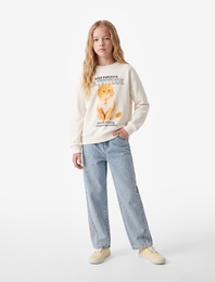 Pamuklu Uzun Kollu Bisiklet Yaka Kedi Baskılı Şardonlu Sweatshirt