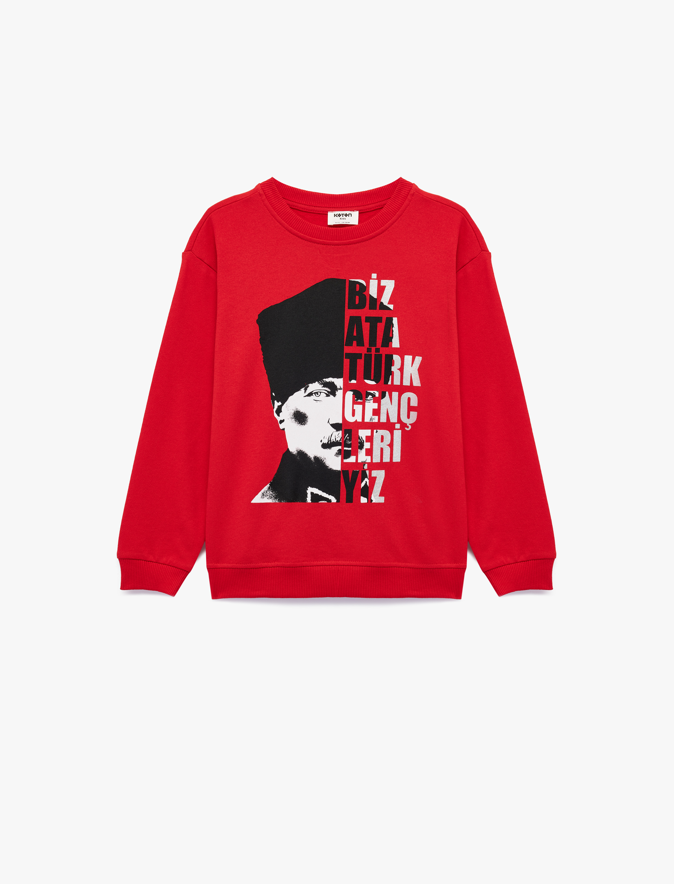 Erkek Çocuk Pamuklu Uzun Kollu Bisiklet Yaka Atatürk Baskılı Şardonlu Sweatshirt