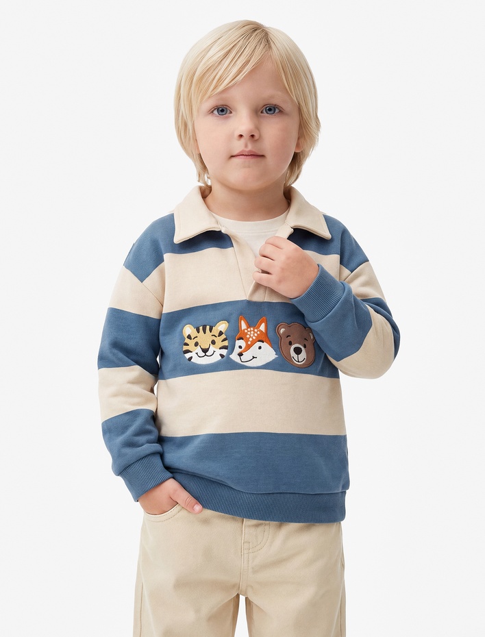 Erkek Bebek Uzun Kollu Hayvanlar Baskılı Polo Yaka Şardonlu Sweatshirt