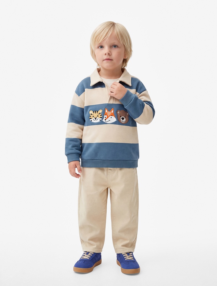 Erkek Bebek Uzun Kollu Hayvanlar Baskılı Polo Yaka Şardonlu Sweatshirt