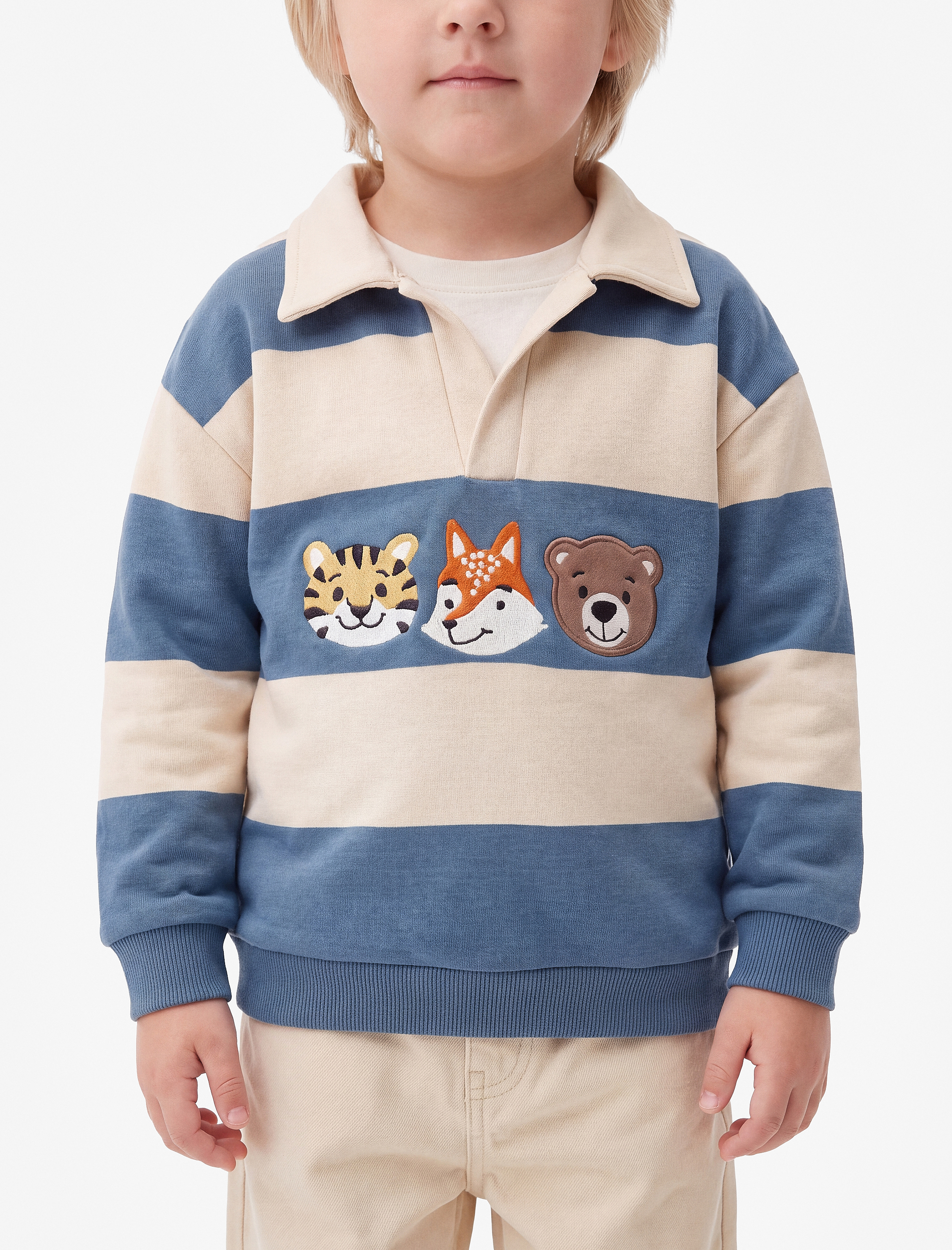  Erkek Bebek Uzun Kollu Hayvanlar Baskılı Polo Yaka Şardonlu Sweatshirt
