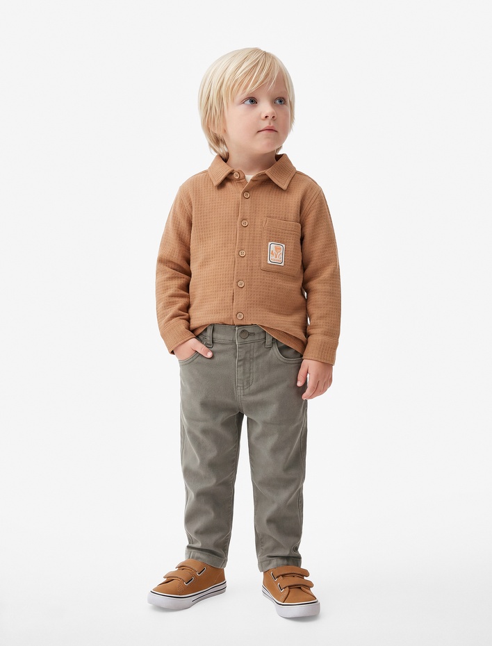 Erkek Bebek Pamuklu Cepli Beli Lastikli Düğmeli Denim Pantolon