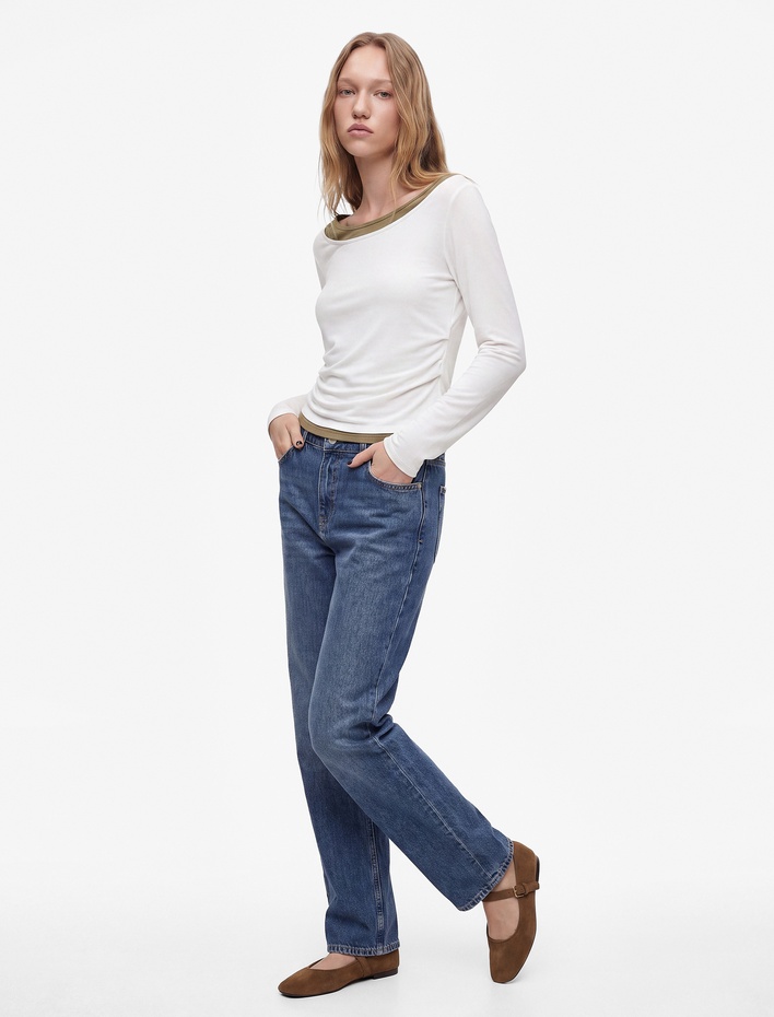  Normal Bel Straight Fit Pamuklu Duble Paça Denim Pantolon - Straight Fit Jean