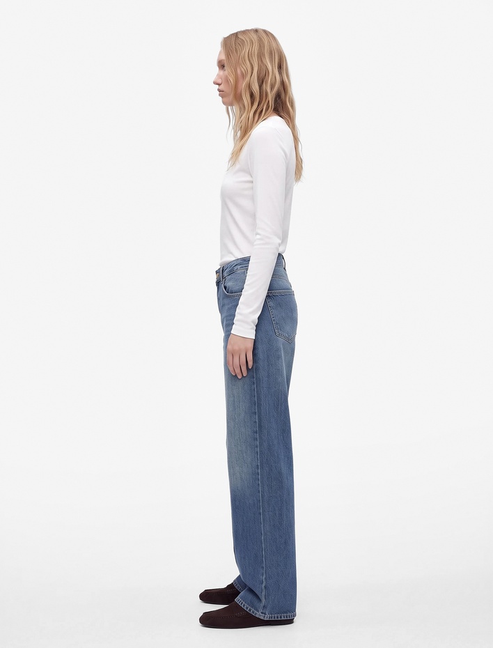  Düğmeli Cep Detaylı Normal Bel Bol Kalıp Denim Pantolon - Loose Straight Fit Jean