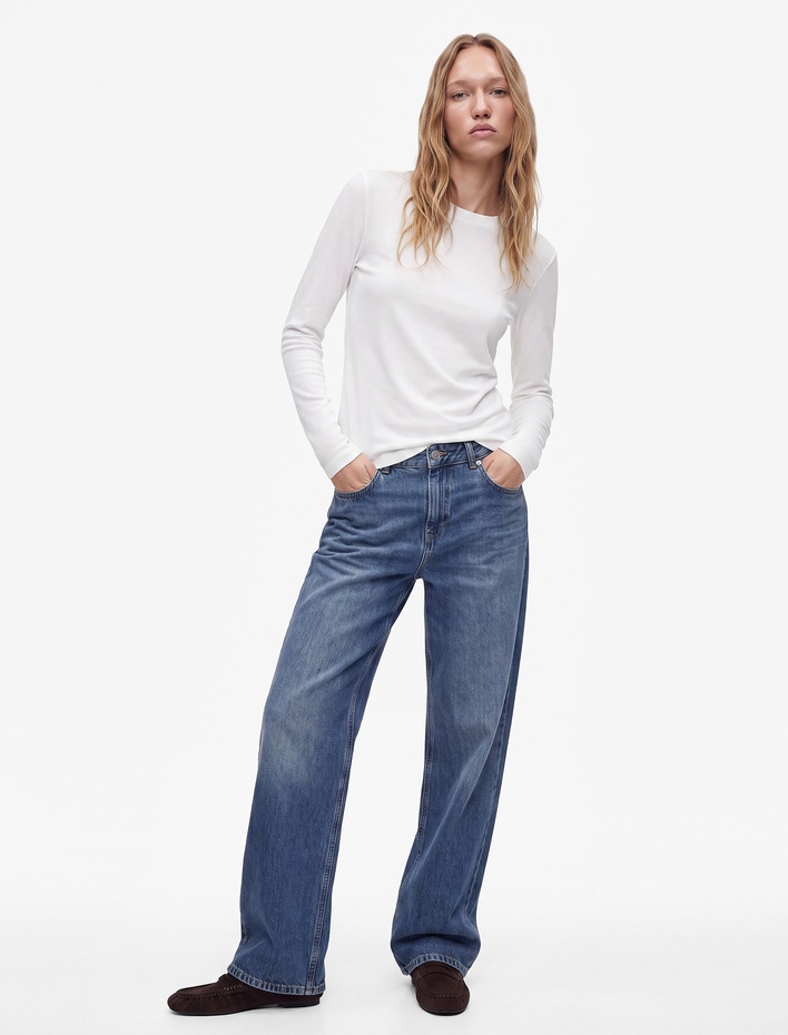  Düğmeli Cep Detaylı Normal Bel Bol Kalıp Denim Pantolon - Loose Straight Fit Jean
