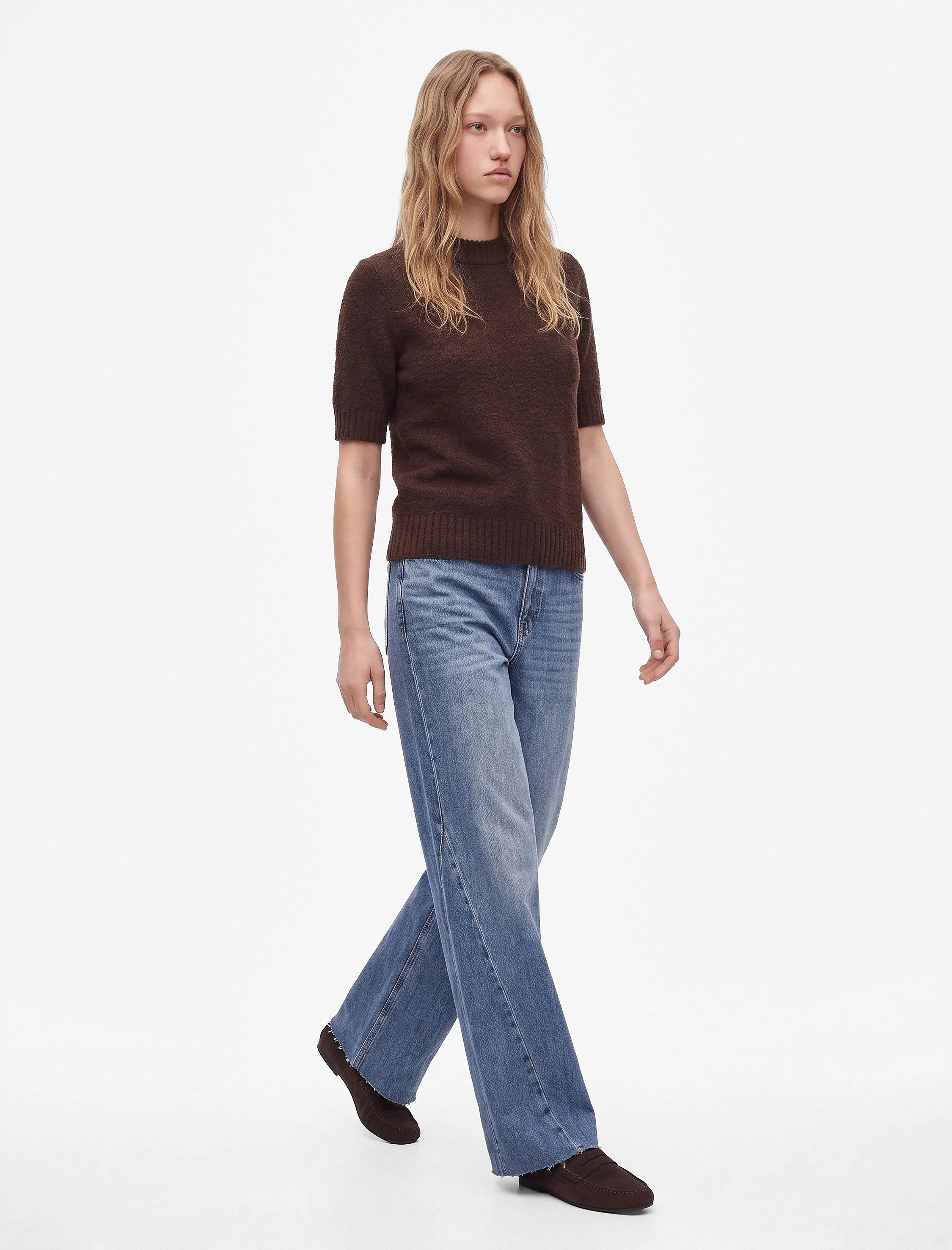   Yüksek Bel Dikiş Detaylı Düğmeli Cepli Geniş Paça Denim Pantolon - Wide Leg Jean