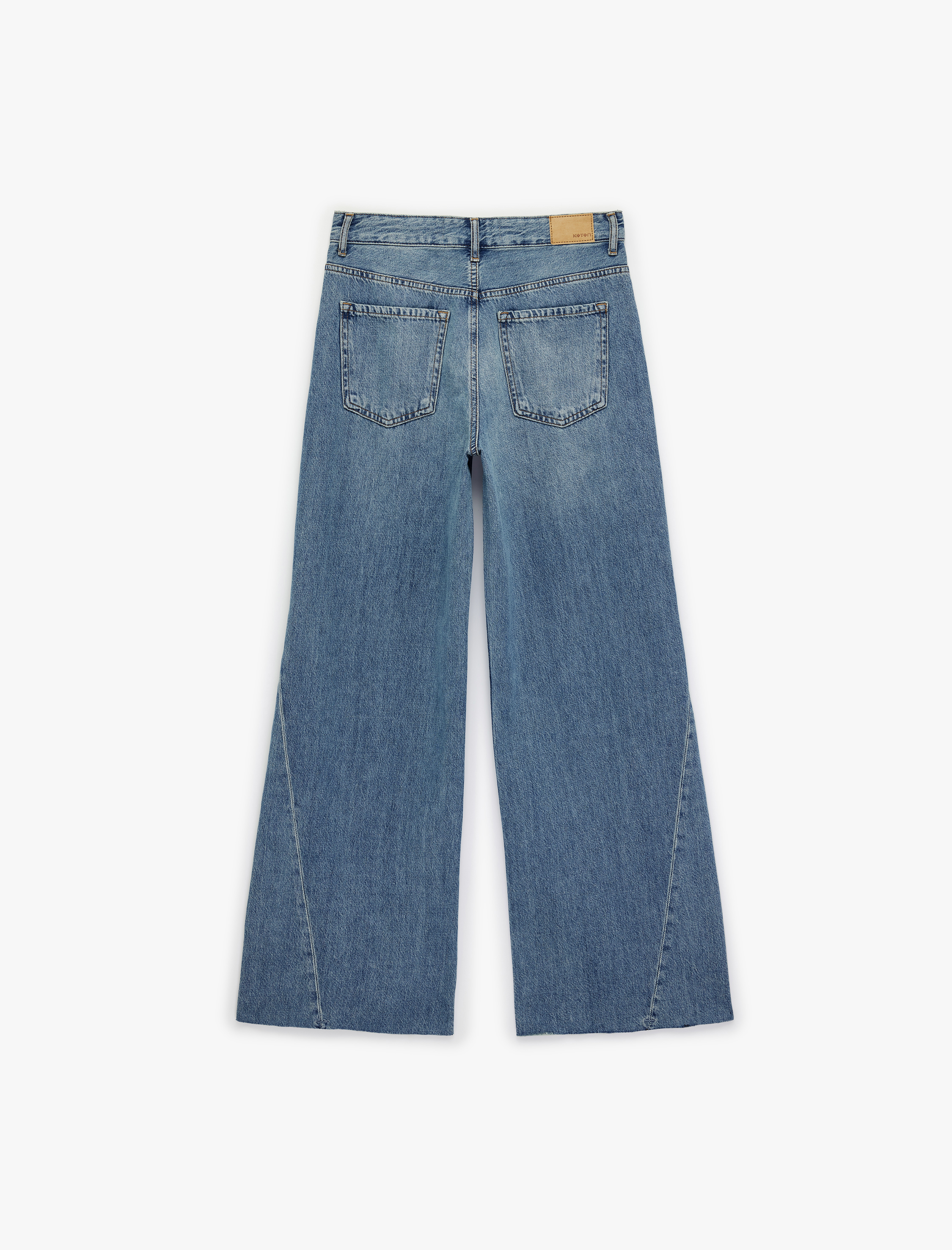   Yüksek Bel Dikiş Detaylı Düğmeli Cepli Geniş Paça Denim Pantolon - Wide Leg Jean