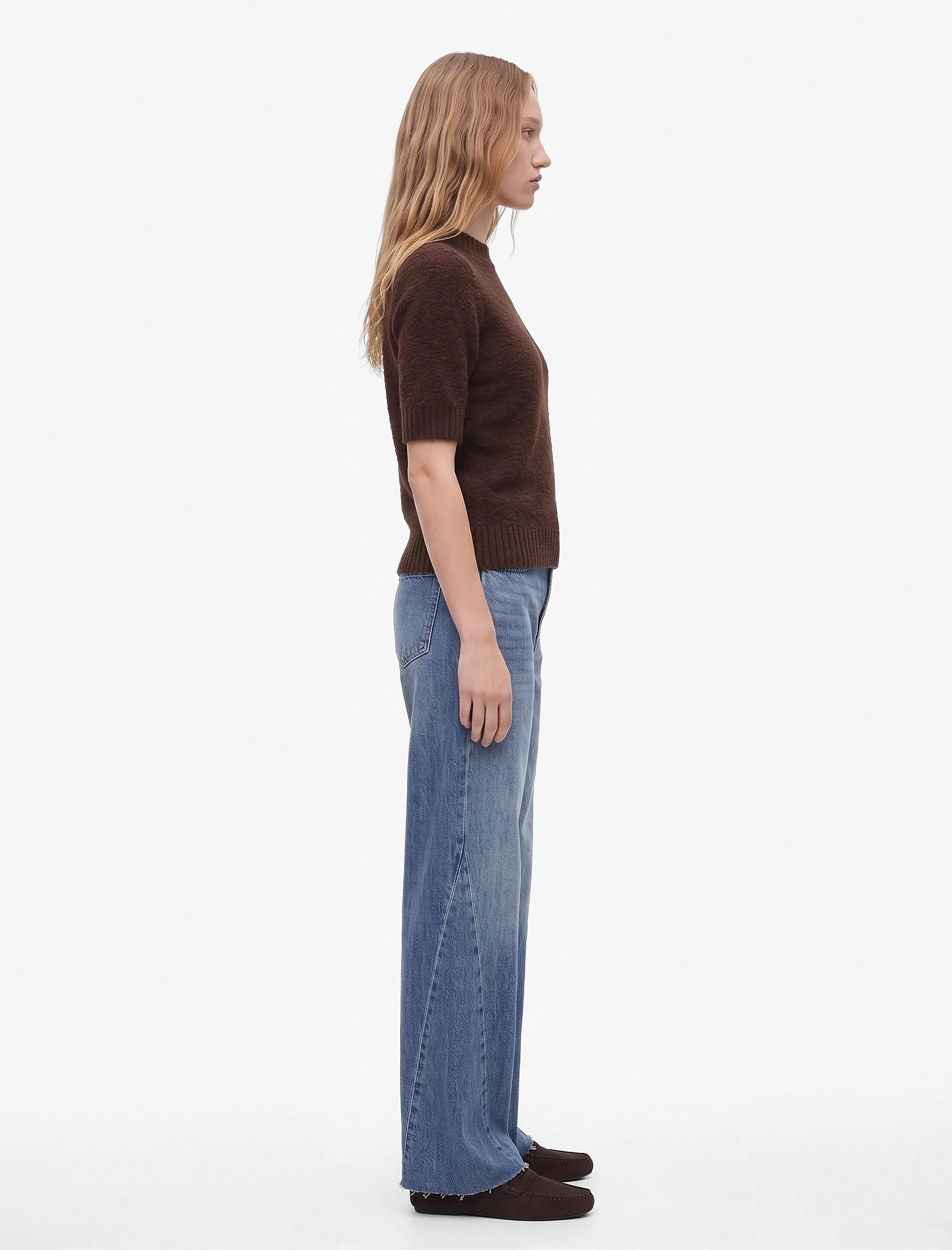   Yüksek Bel Dikiş Detaylı Düğmeli Cepli Geniş Paça Denim Pantolon - Wide Leg Jean
