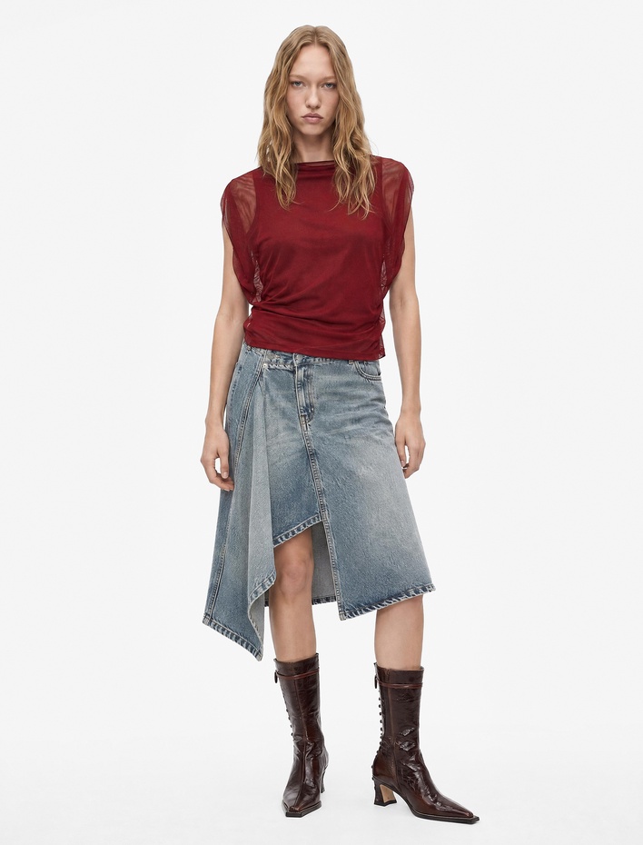  Slim Fit Dik Yaka Kolsuz Tül Detaylı İkili Pelerin Bluz