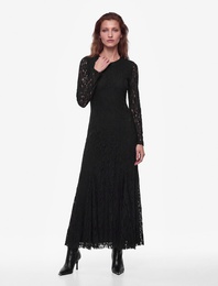 Slim Fit Yuvarlak Yaka Uzun Kollu Dantelli Uzun Elbise