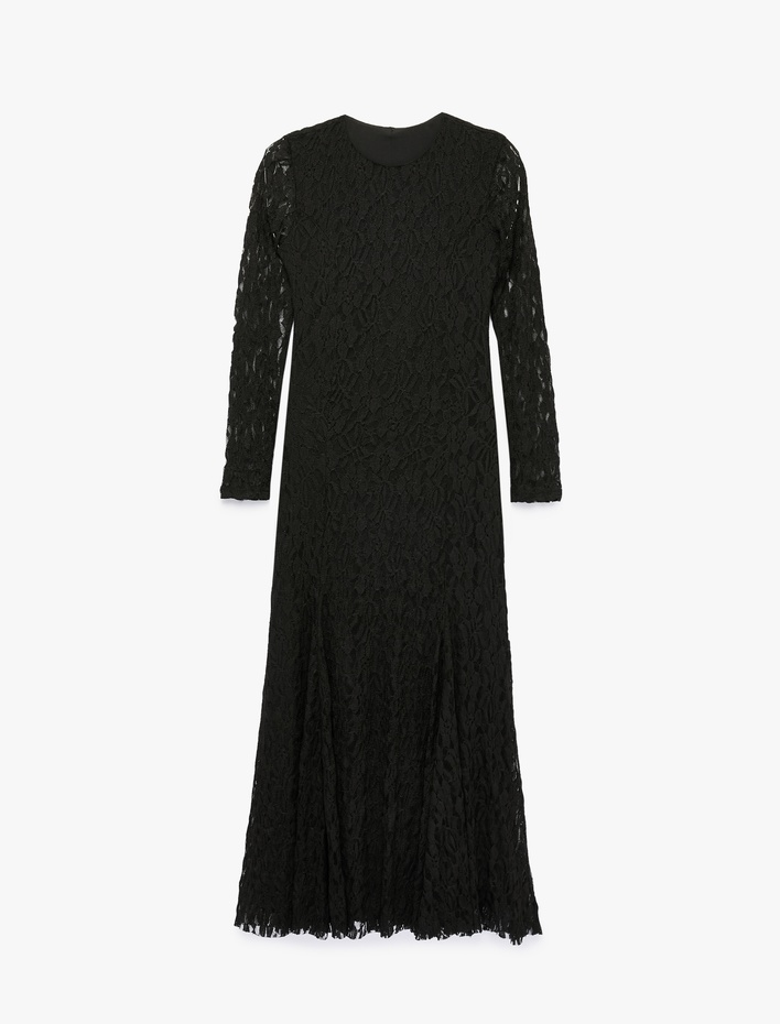  Slim Fit Yuvarlak Yaka Uzun Kollu Dantelli Uzun Elbise