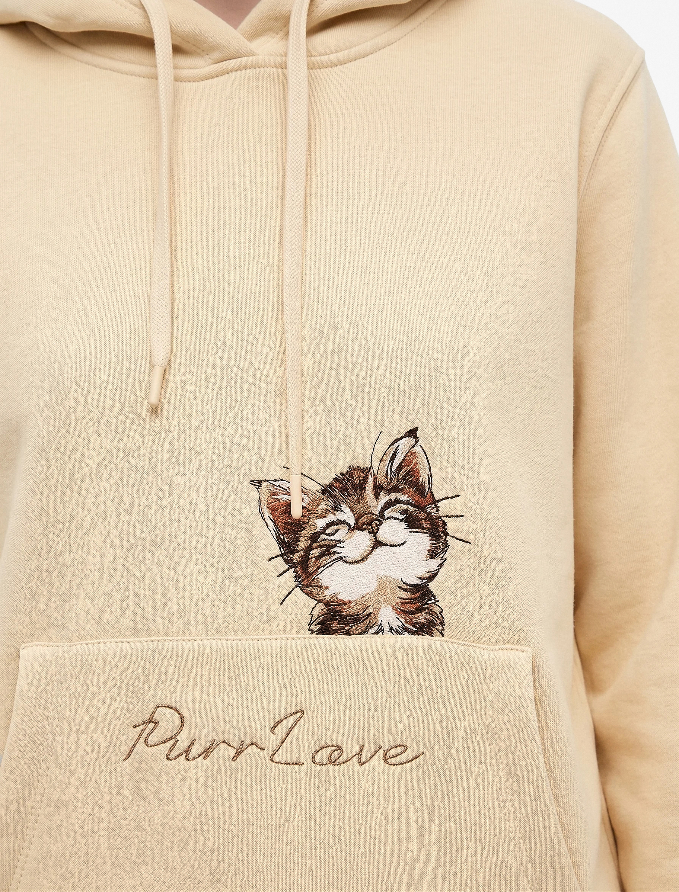 Koton Uzun Kollu Cepli Üç İplik Şardonlu Kedi Nakış Detaylı Kapüşonlu Sweatshirt görsel 5