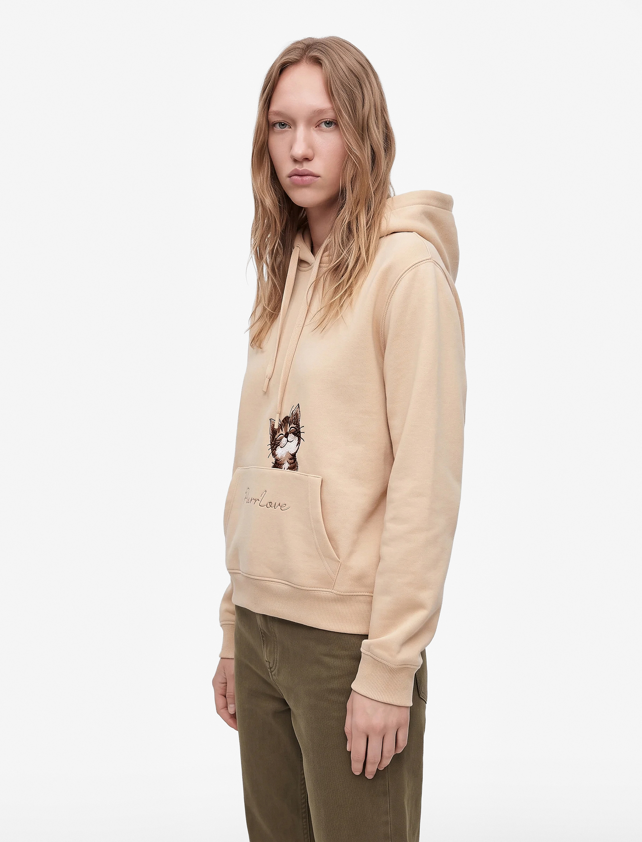 Koton Uzun Kollu Cepli Üç İplik Şardonlu Kedi Nakış Detaylı Kapüşonlu Sweatshirt görsel 2