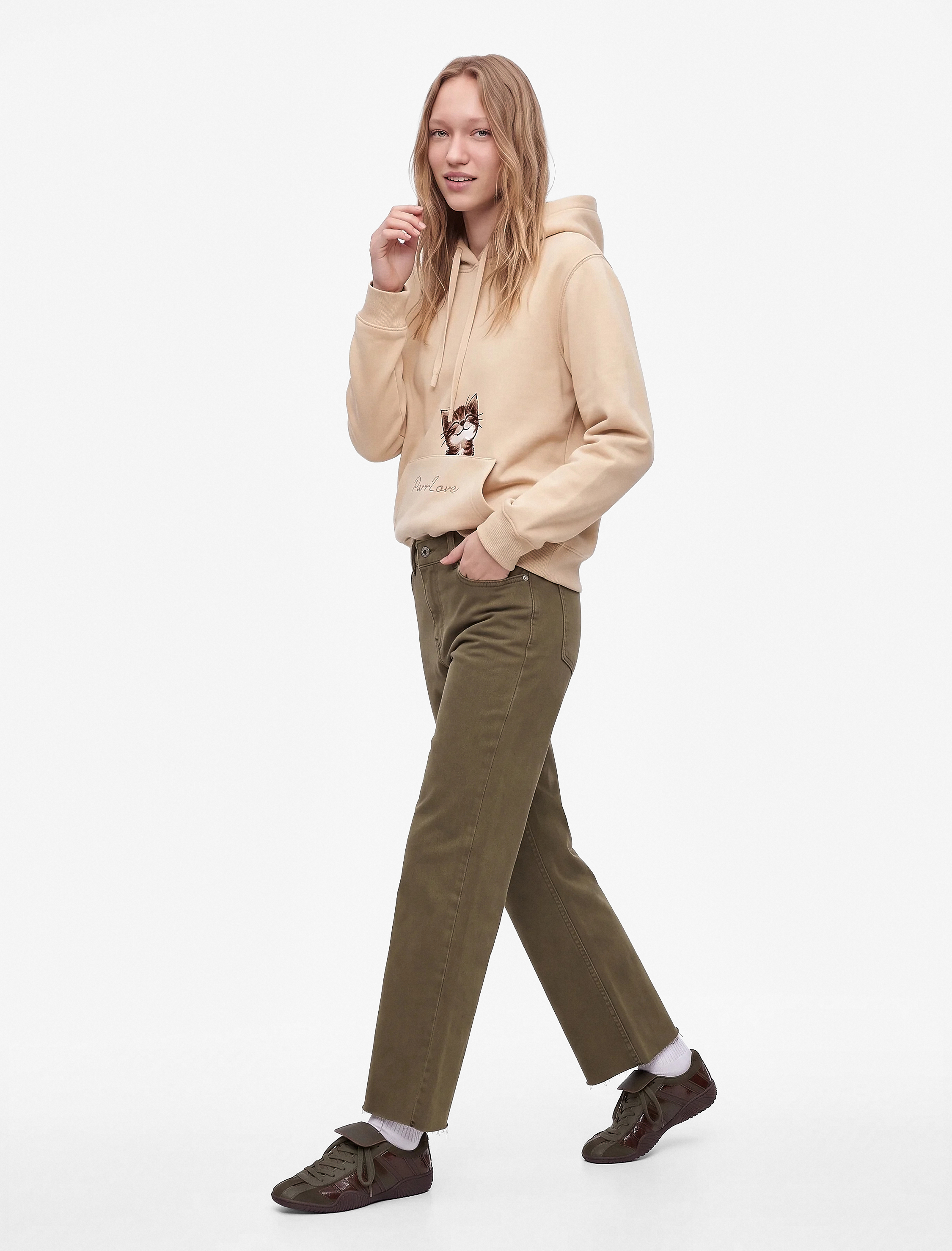 Koton Uzun Kollu Cepli Üç İplik Şardonlu Kedi Nakış Detaylı Kapüşonlu Sweatshirt görsel 3