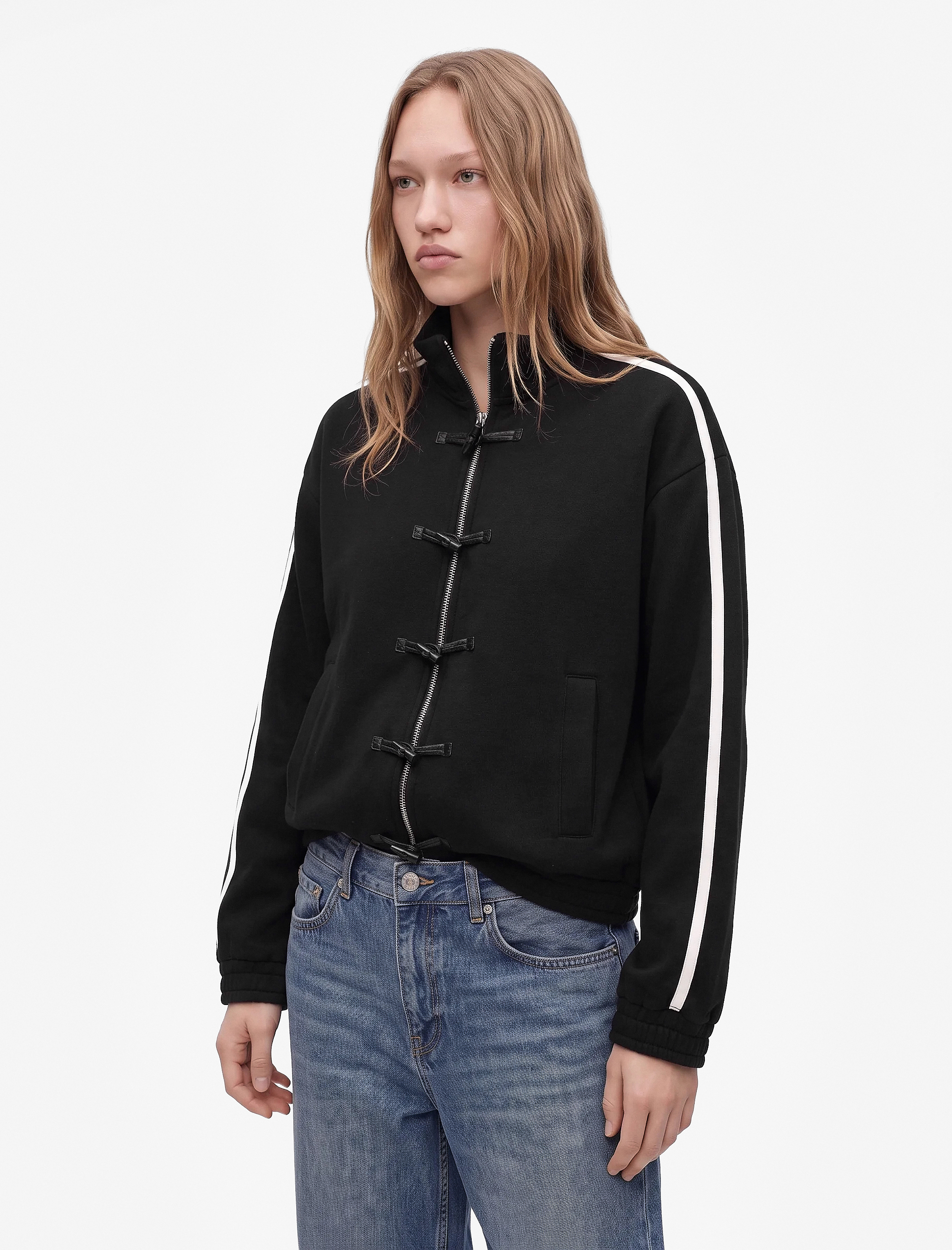   Şardonlu Rahat Kalıp Uzun Kollu Fermuarlı Cepli Dik Yaka Çizgili Sweatshirt