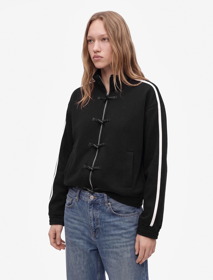  Şardonlu Rahat Kalıp Uzun Kollu Fermuarlı Cepli Dik Yaka Çizgili Sweatshirt
