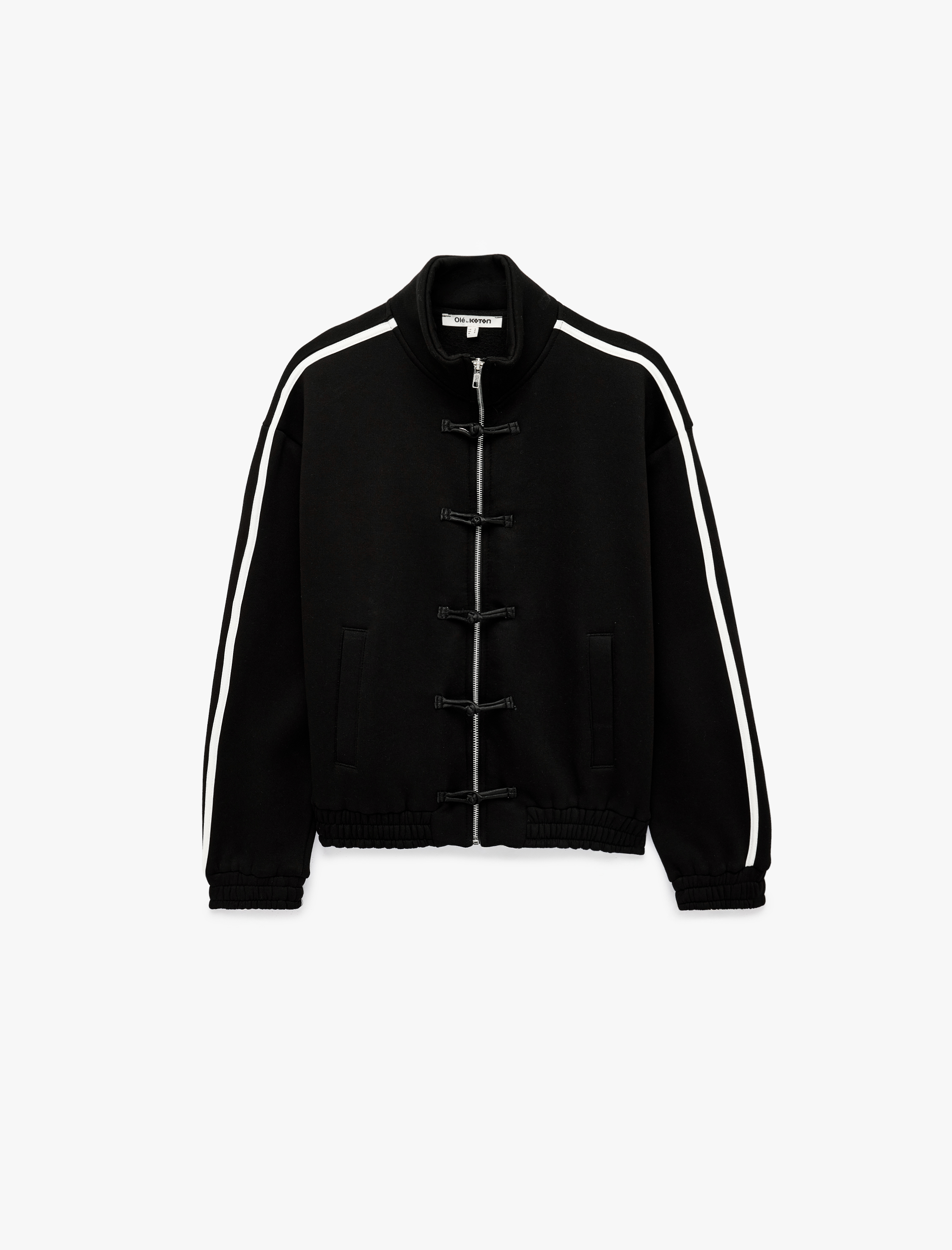   Şardonlu Rahat Kalıp Uzun Kollu Fermuarlı Cepli Dik Yaka Çizgili Sweatshirt
