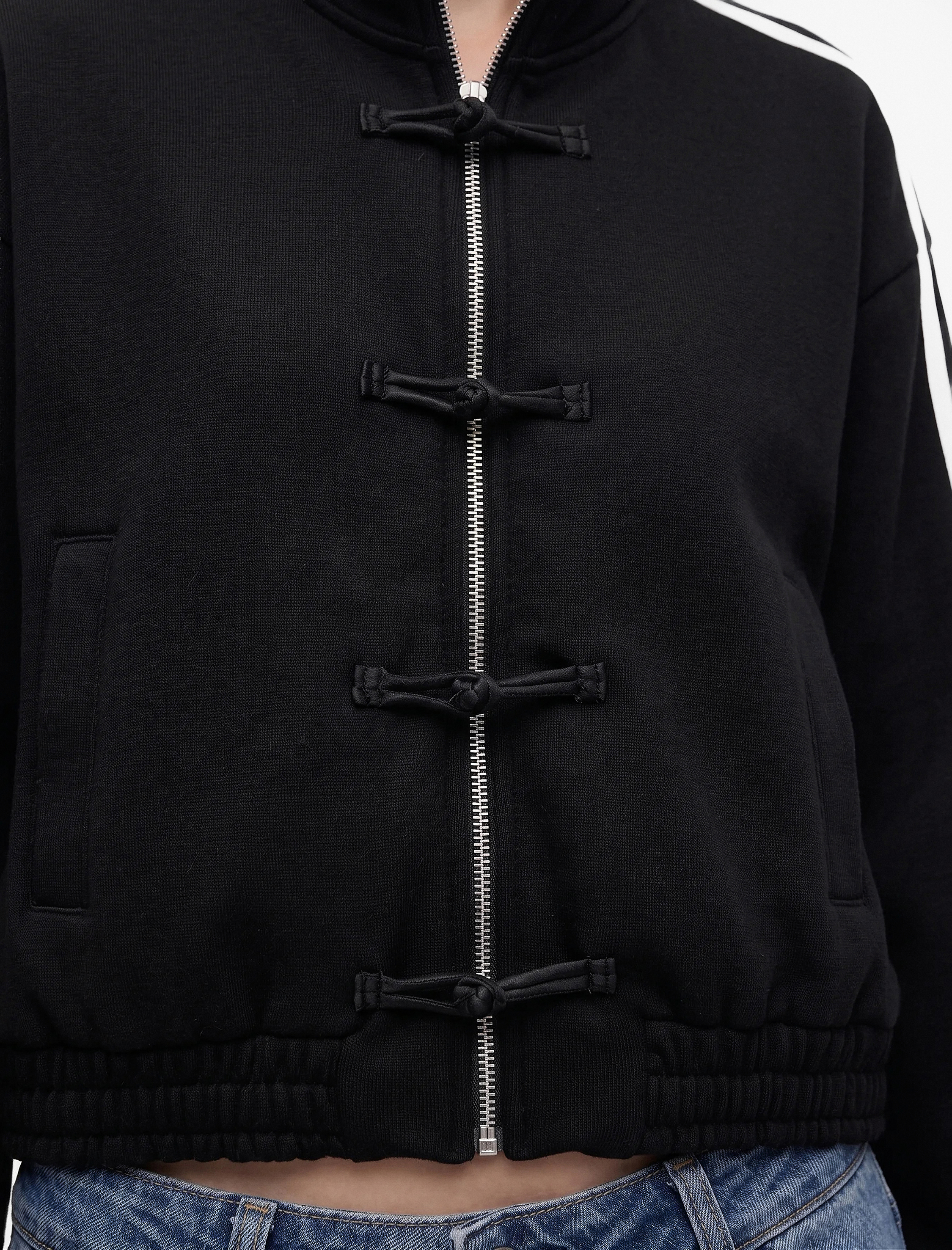   Şardonlu Rahat Kalıp Uzun Kollu Fermuarlı Cepli Dik Yaka Çizgili Sweatshirt